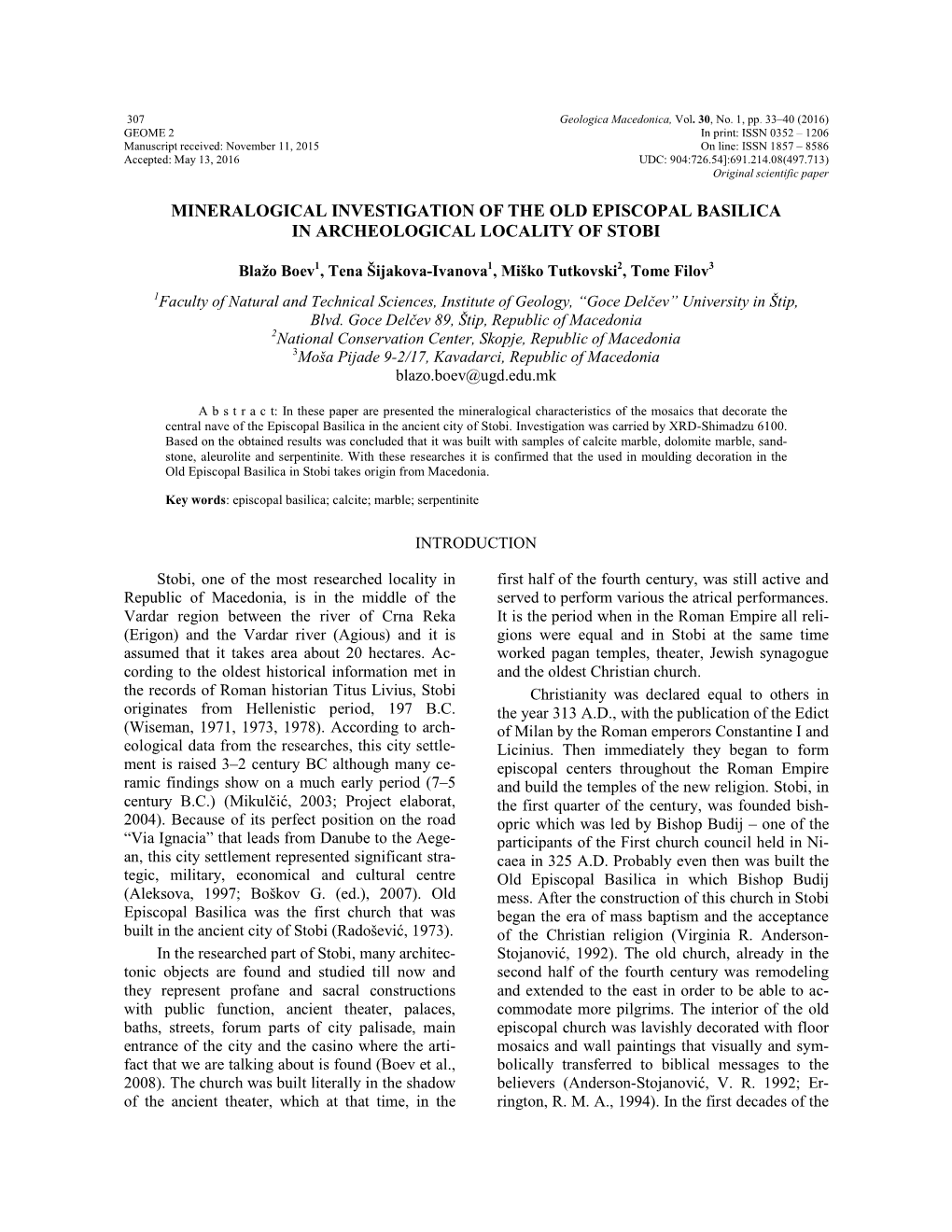 Mineralogical Investigation of the Old Episcopal Basilica in Archeological Locality of Stobi