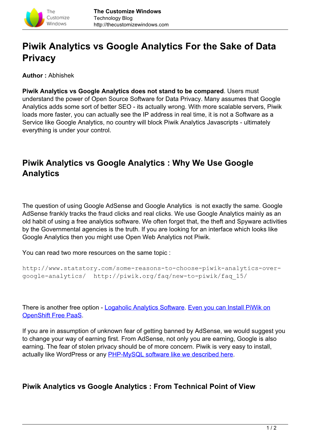 Piwik Analytics Vs Google Analytics for the Sake of Data Privacy