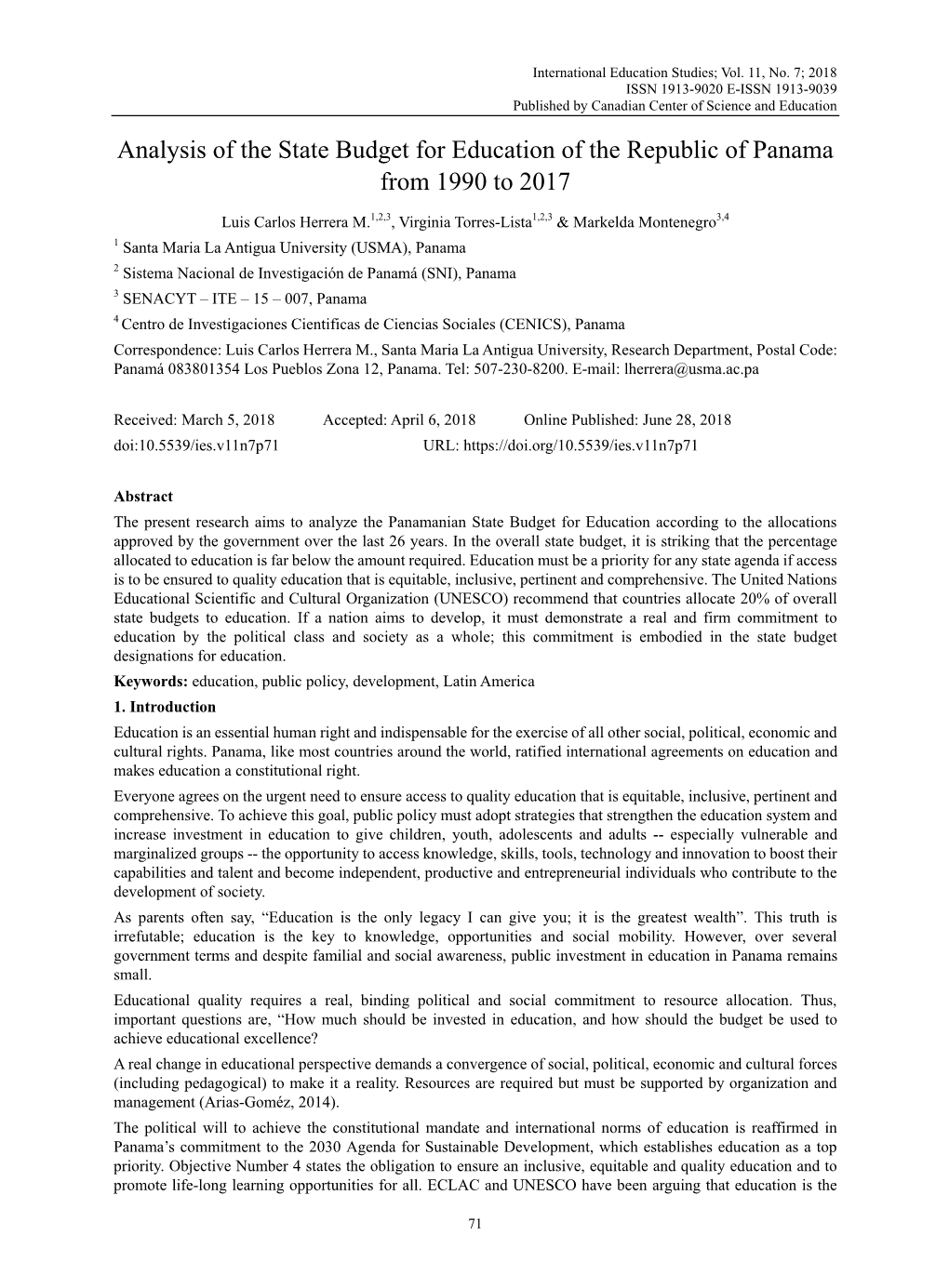 Analysis of the State Budget for Education of the Republic of Panama from 1990 to 2017