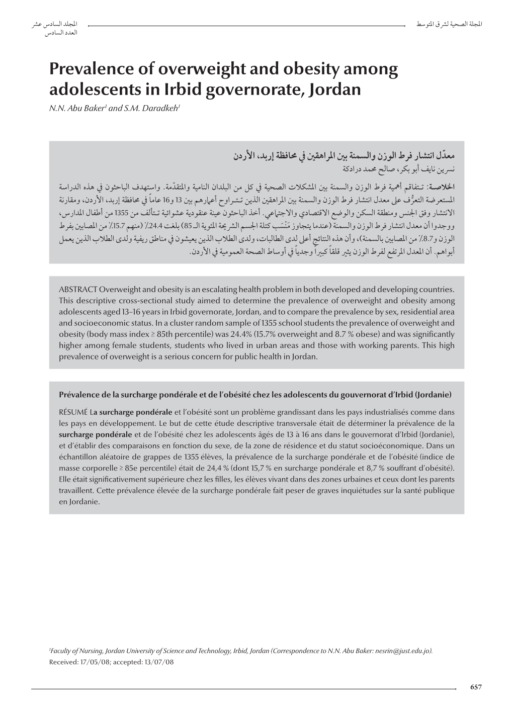 Prevalence of Overweight and Obesity Among Adolescents in Irbid Governorate, Jordan N.N