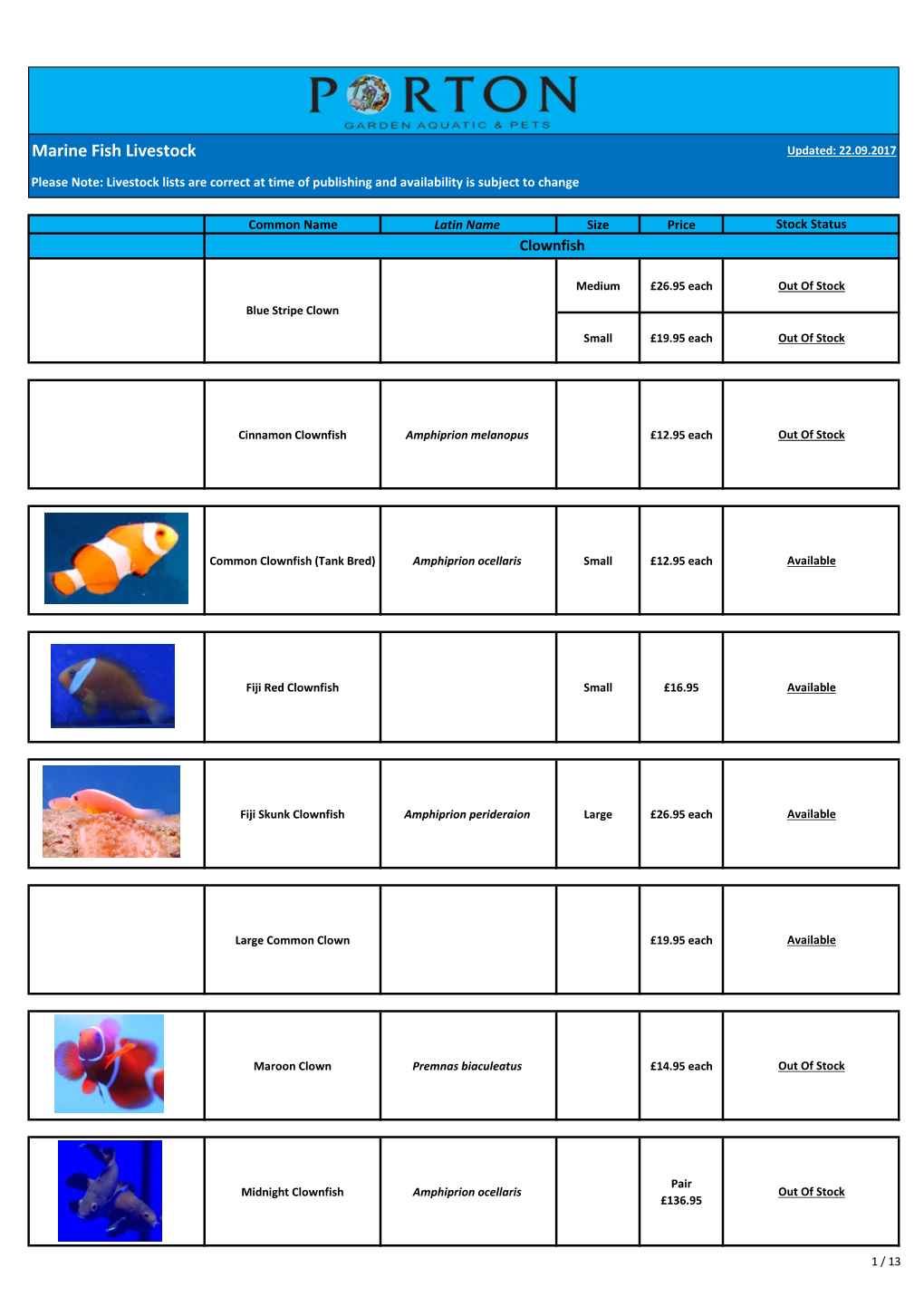 Marine Fish Livestock Updated: 22.09.2017