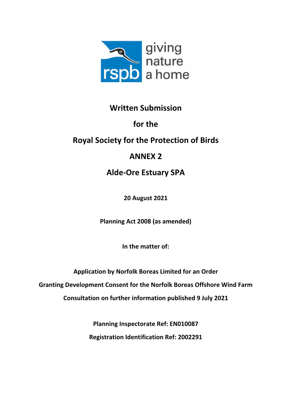 Written Submission for the Royal Society for the Protection of Birds ANNEX 2 Alde‐Ore Estuary SPA