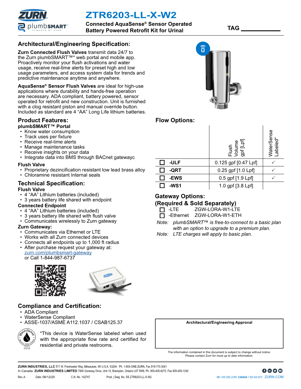 ZTR6203-LL-X-W2 Connected Aquasense® Sensor Operated Battery Powered Retrofit Kit for Urinal TAG ______