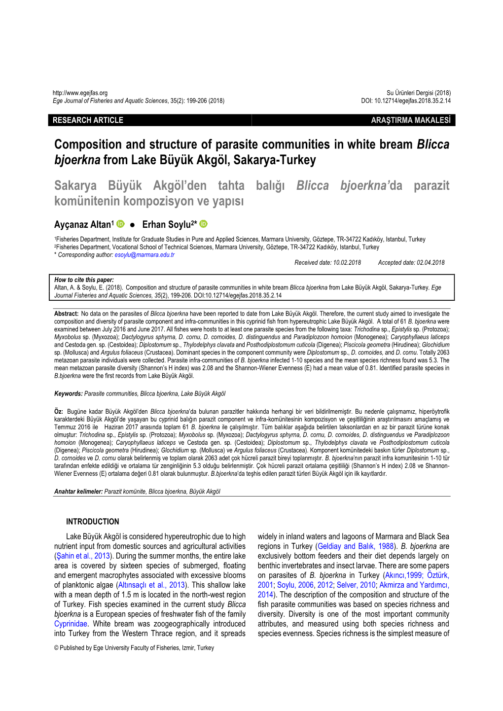 Composition and Structure of Parasite Communities in White Bream Blicca Bjoerkna from Lake Büyük Akgöl, Sakarya-Turkey Sakary