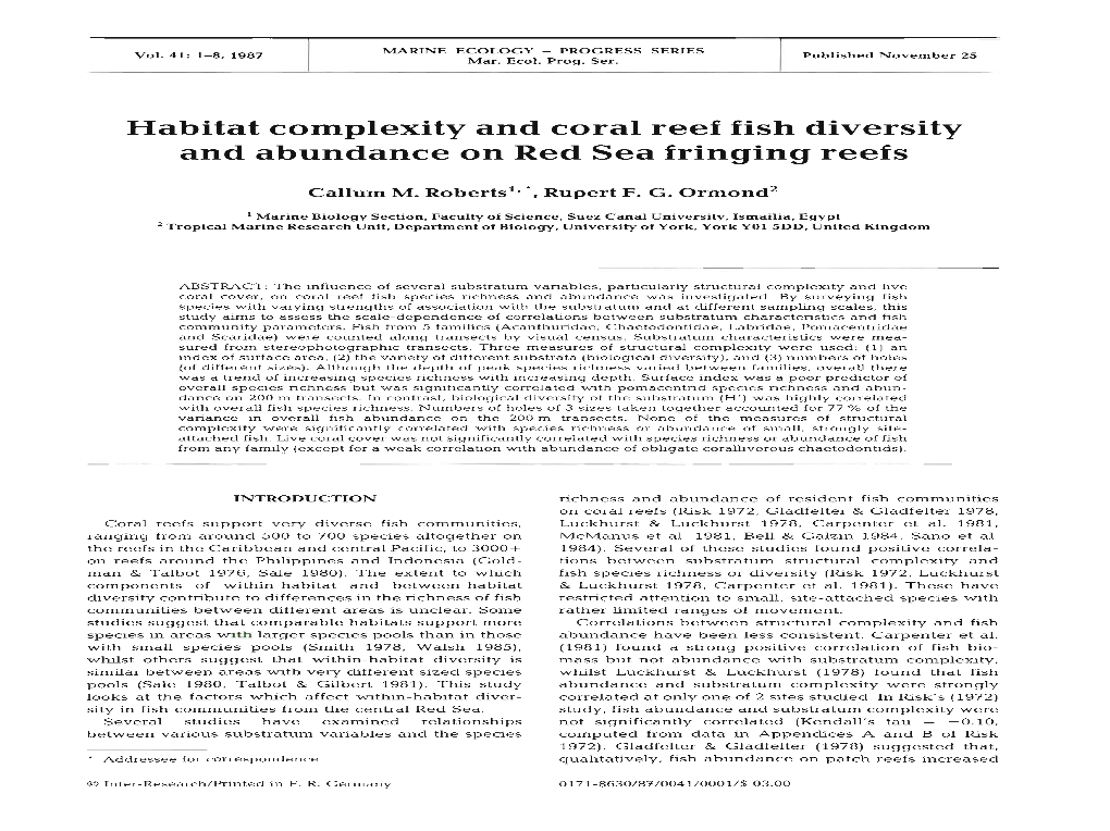 Habitat Complexity and Coral Reef Fish Diversity and Abundance on Red Sea Fringing Reefs
