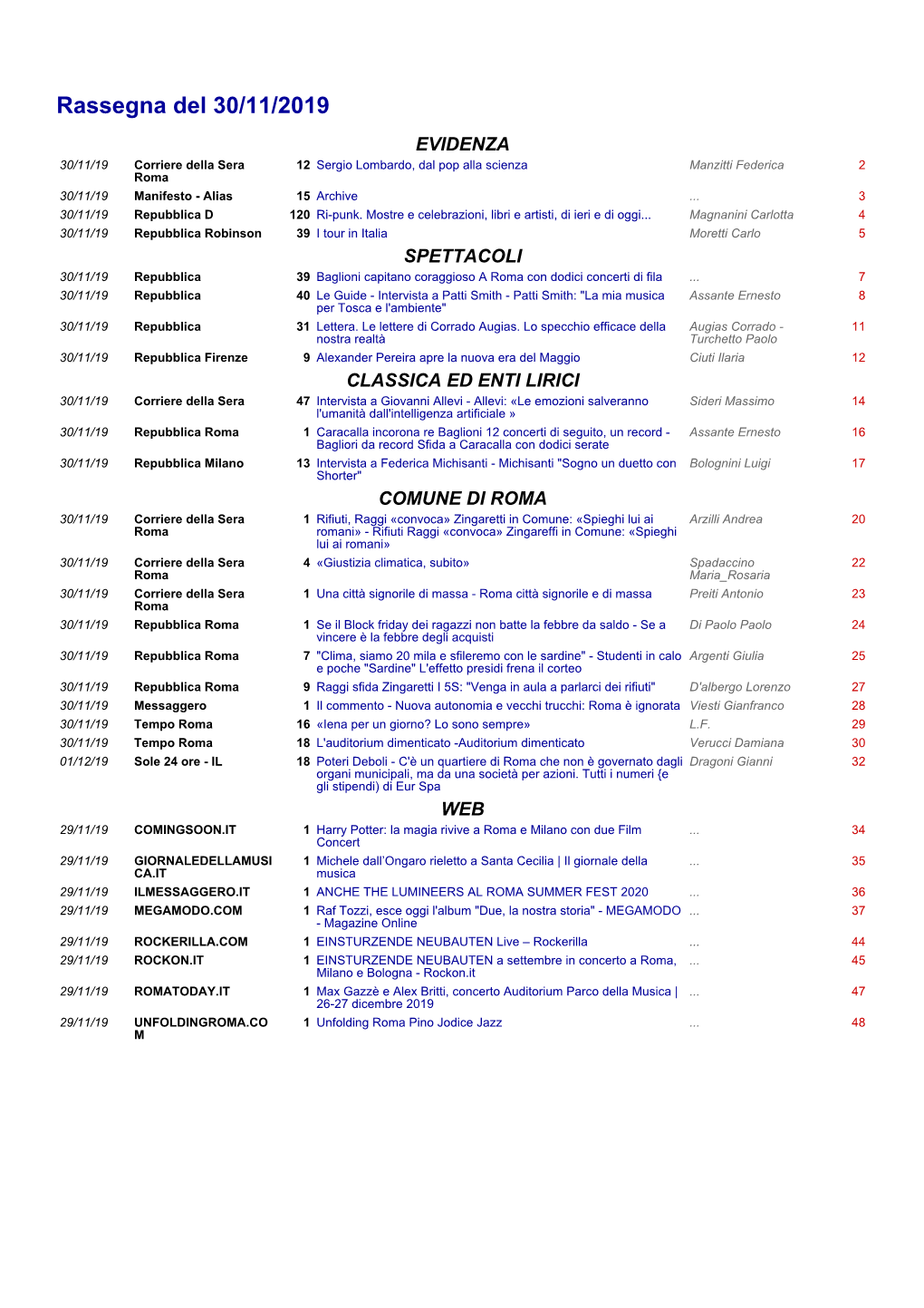 Rassegna Del 30/11/2019