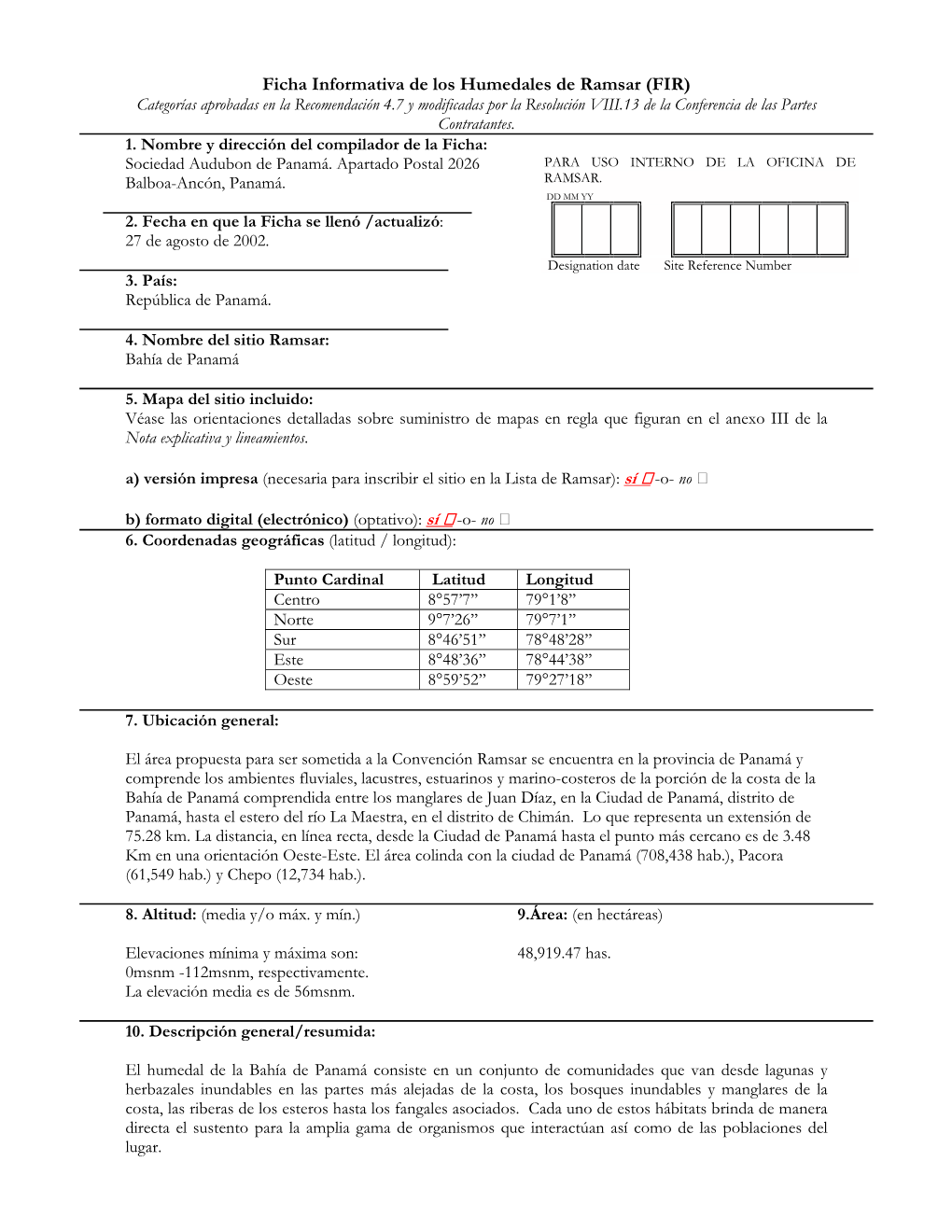 Ficha Informativa De Los Humedales De Ramsar