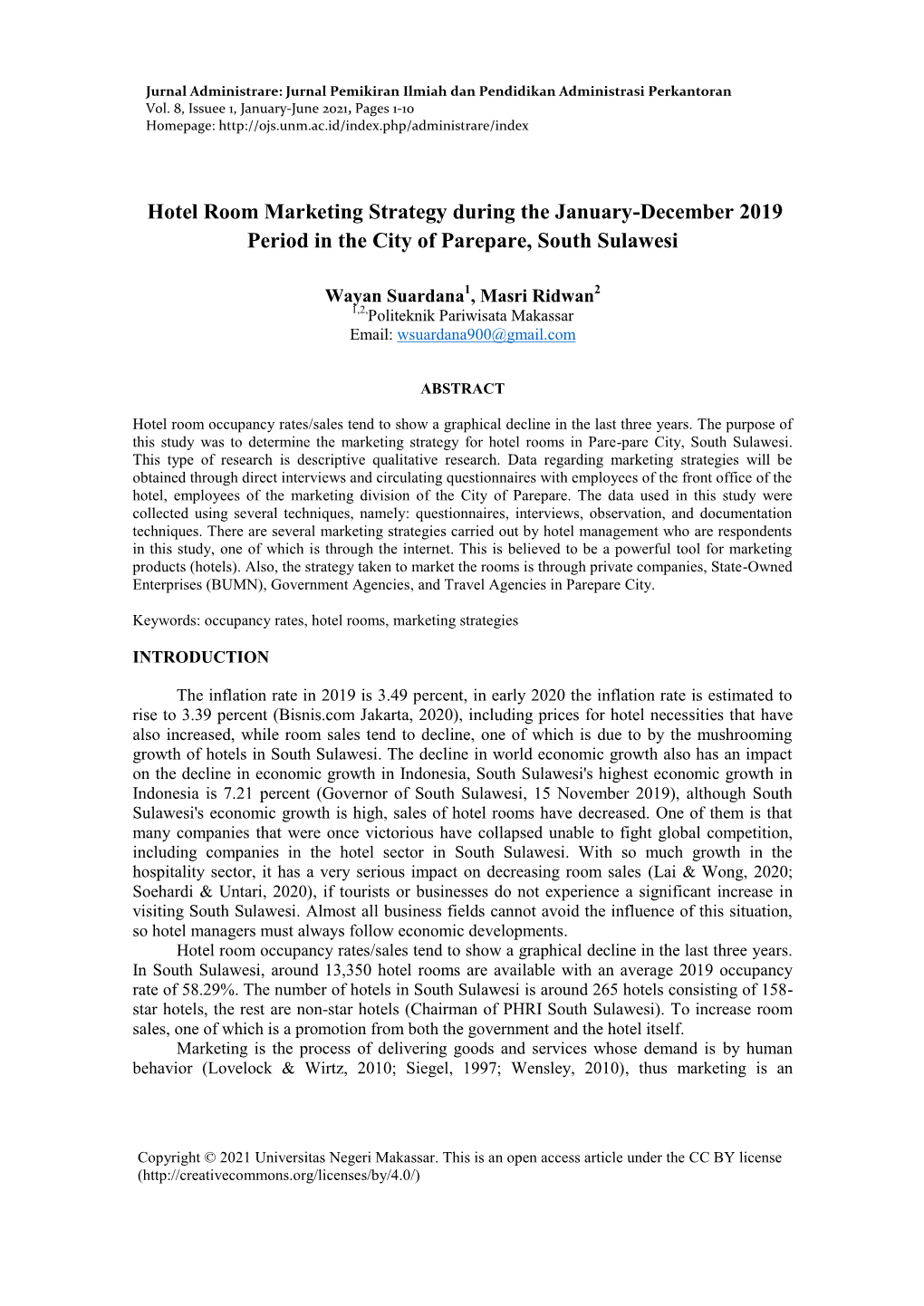 Hotel Room Marketing Strategy During the January-December 2019 Period in the City of Parepare, South Sulawesi