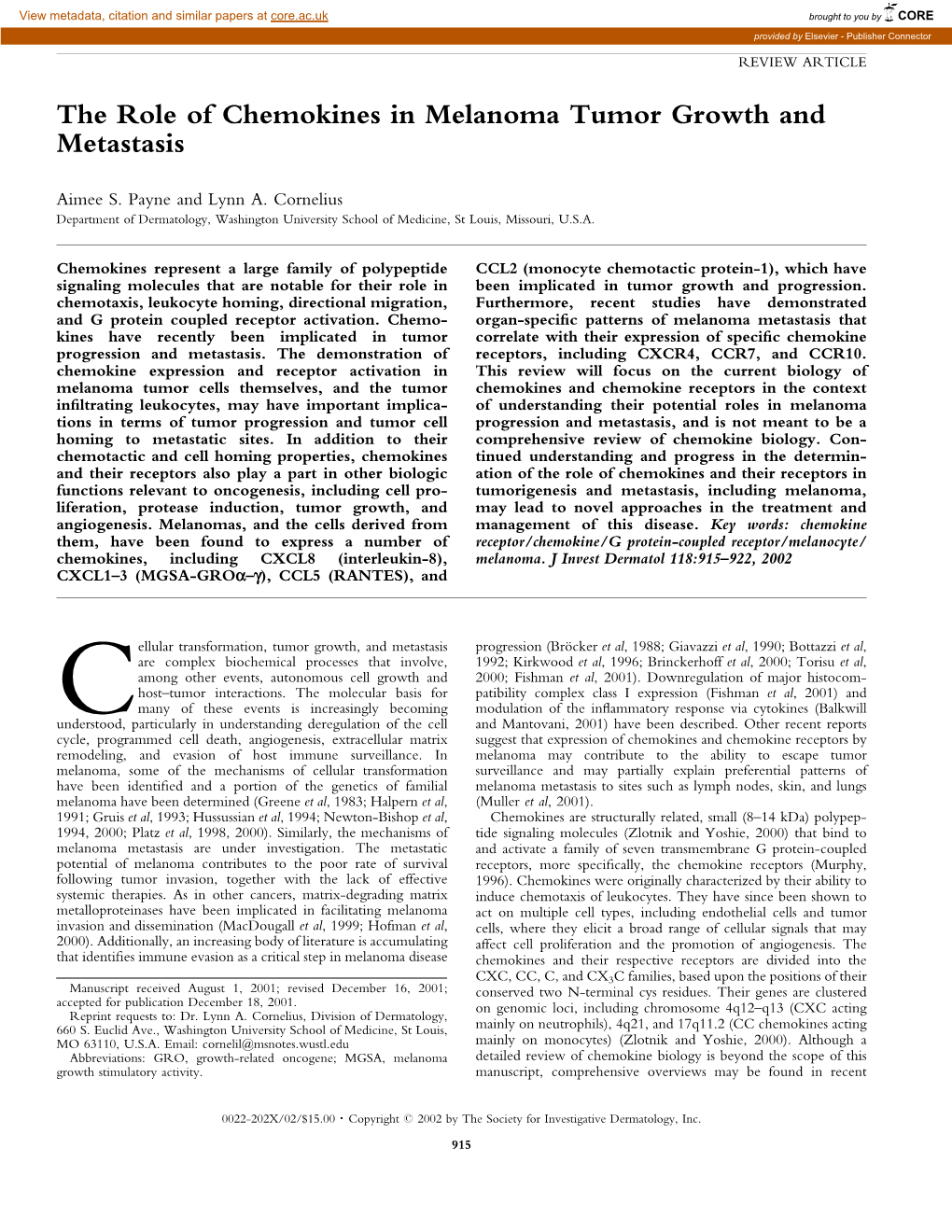 The Role of Chemokines in Melanoma Tumor Growth and Metastasis