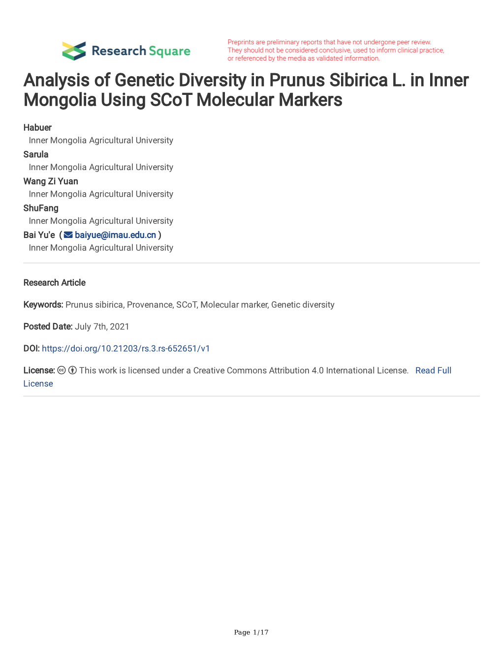 Analysis of Genetic Diversity in Prunus Sibirica L. in Inner Mongolia Using Scot Molecular Markers