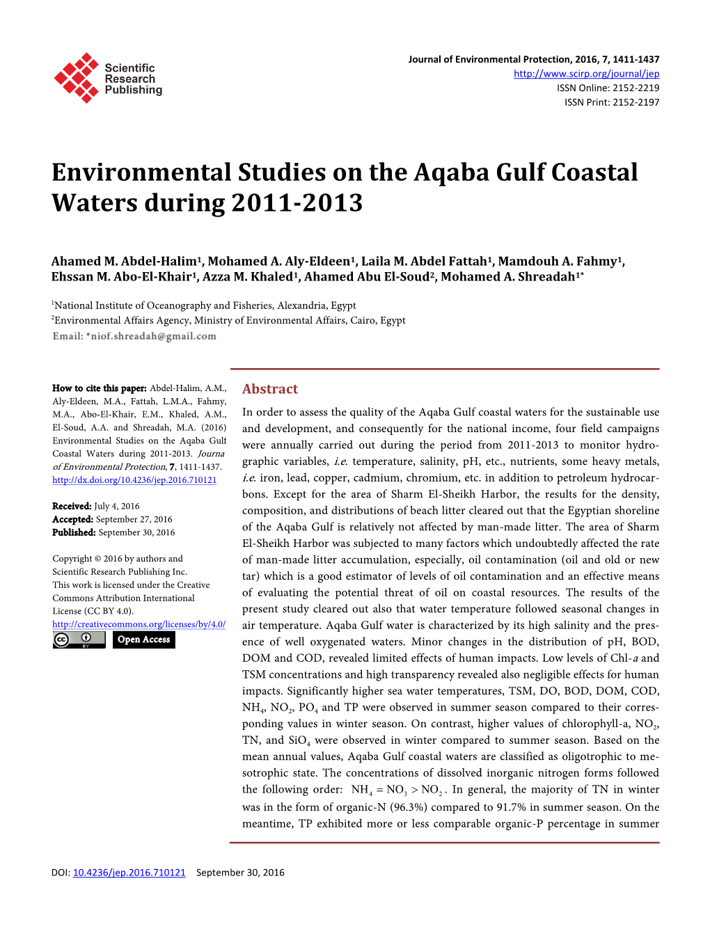 Environmental Studies on the Aqaba Gulf Coastal Waters During 2011-2013
