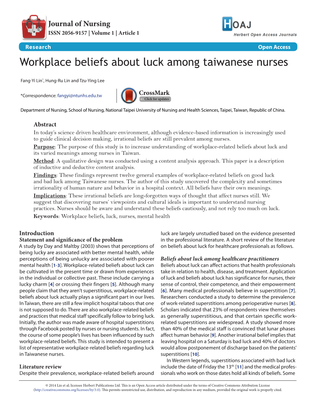 Workplace Beliefs About Luck Among Taiwanese Nurses
