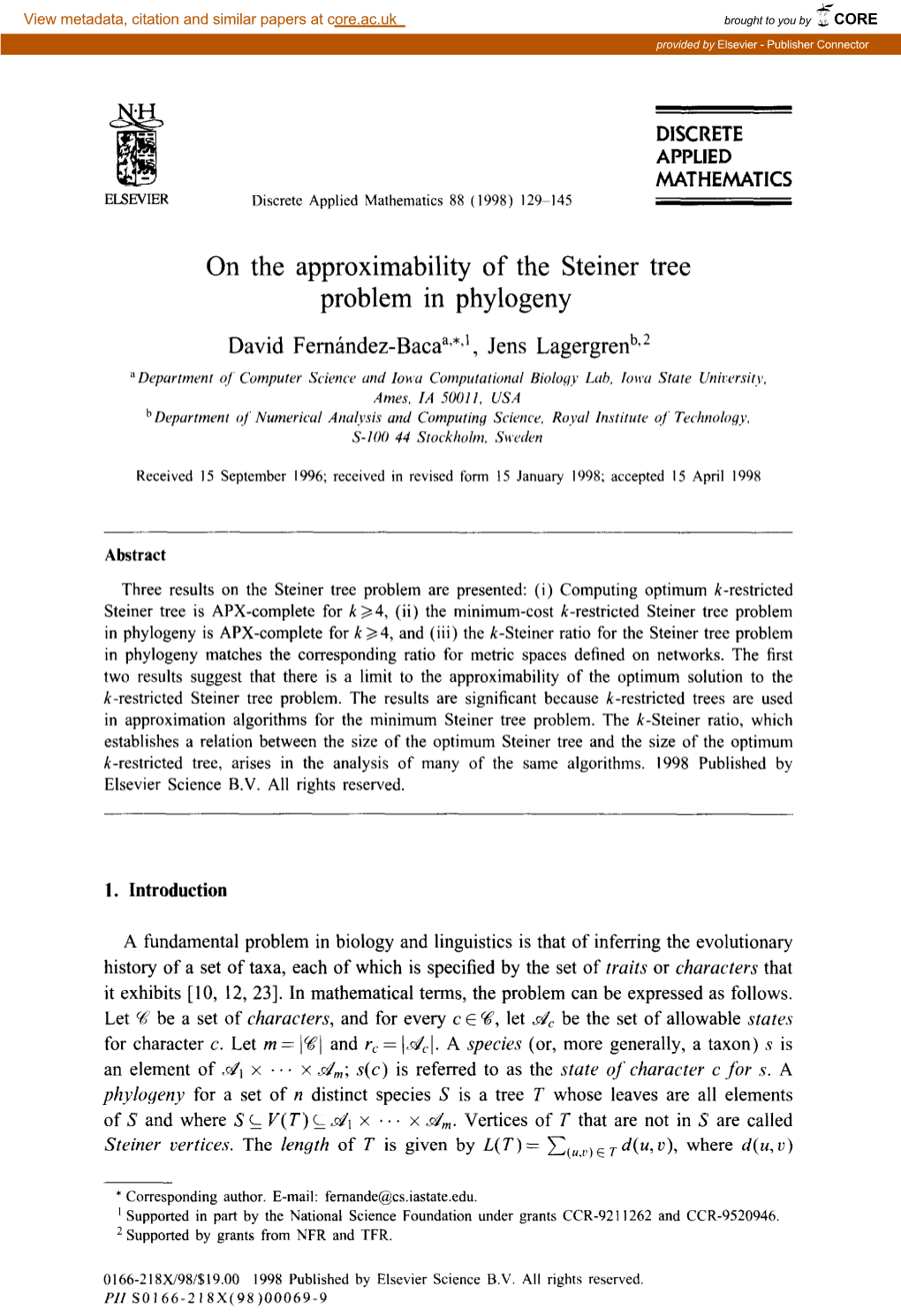 On the Approximability of the Steiner Tree Problem in Phylogeny
