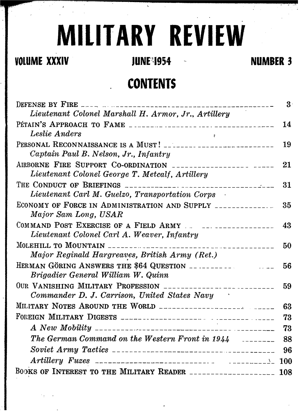 MILITARY REVIEW VOLUME XXXIV Junp·1954 NUMBER 3 CONTENTS
