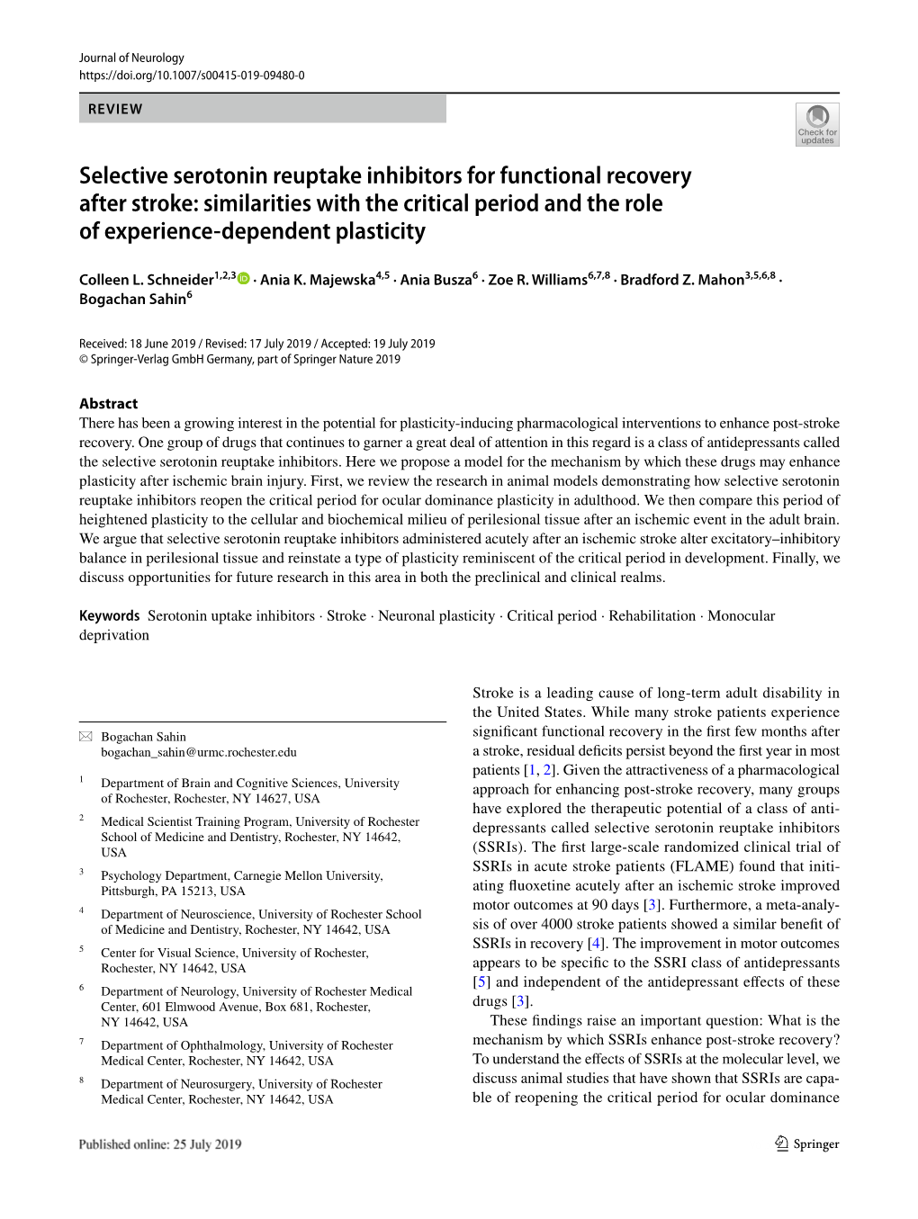 Selective Serotonin Reuptake Inhibitors for Functional Recovery After Stroke: Similarities with the Critical Period and the Role of Experience‑Dependent Plasticity