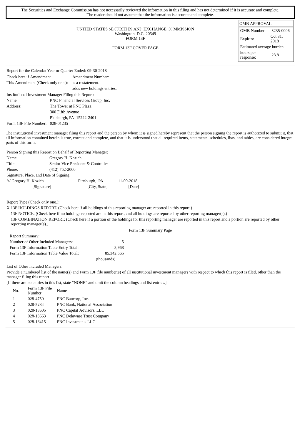 The Securities and Exchange Commission Has Not Necessarily Reviewed the Information in This Filing and Has Not Determined If It Is Accurate and Complete