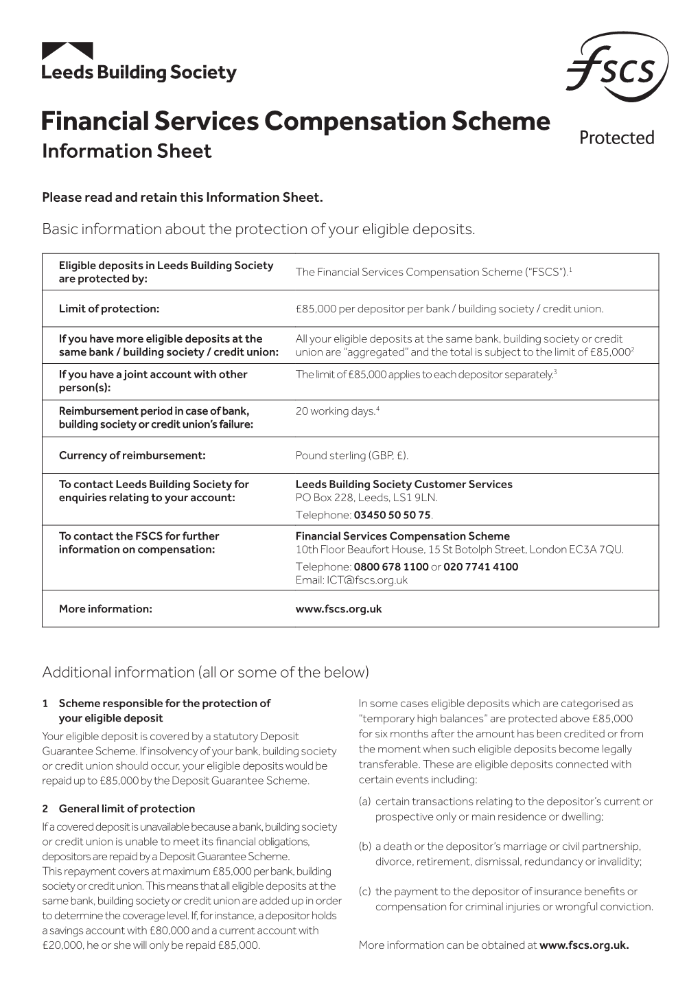 Financial Services Compensation Scheme Information Sheet