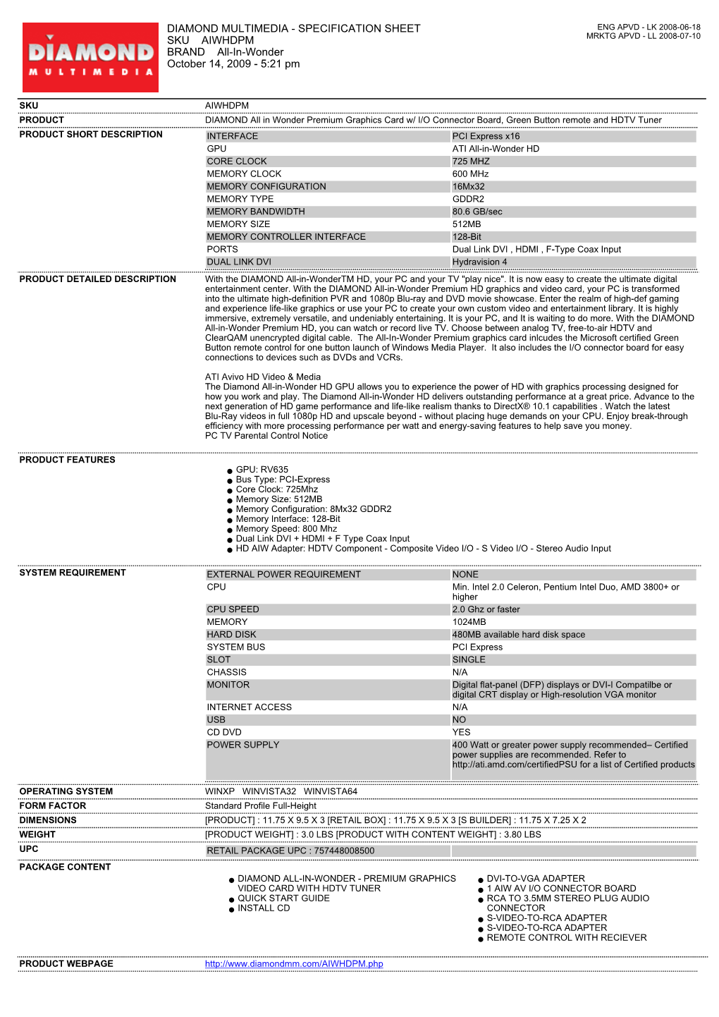 SPECIFICATION SHEET SKU AIWHDPM BRAND All-In-Wonder