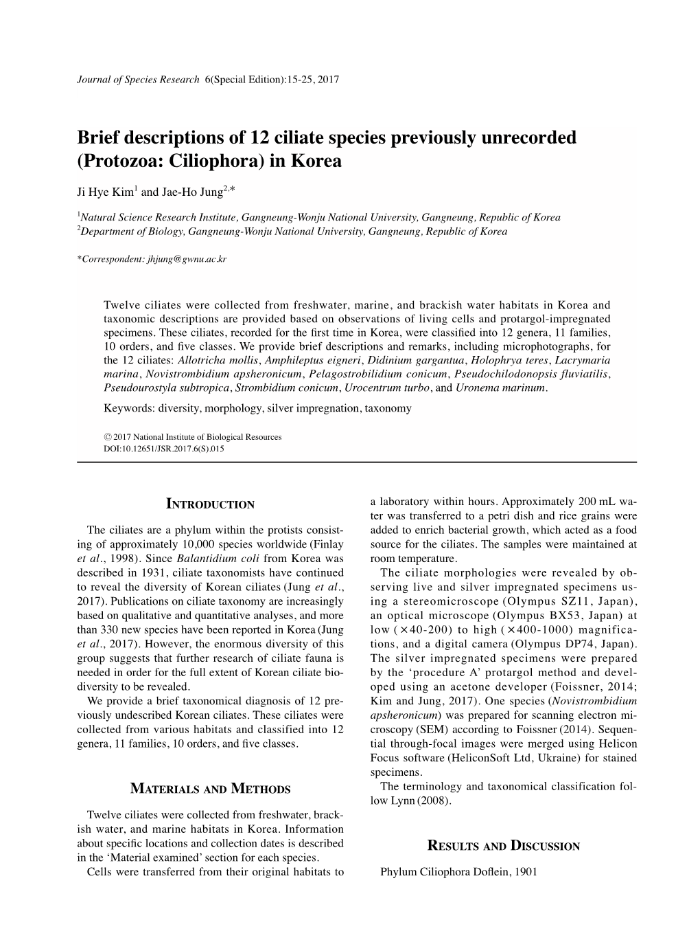 Brief Descriptions of 12 Ciliate Species Previously Unrecorded (Protozoa: Ciliophora) in Korea