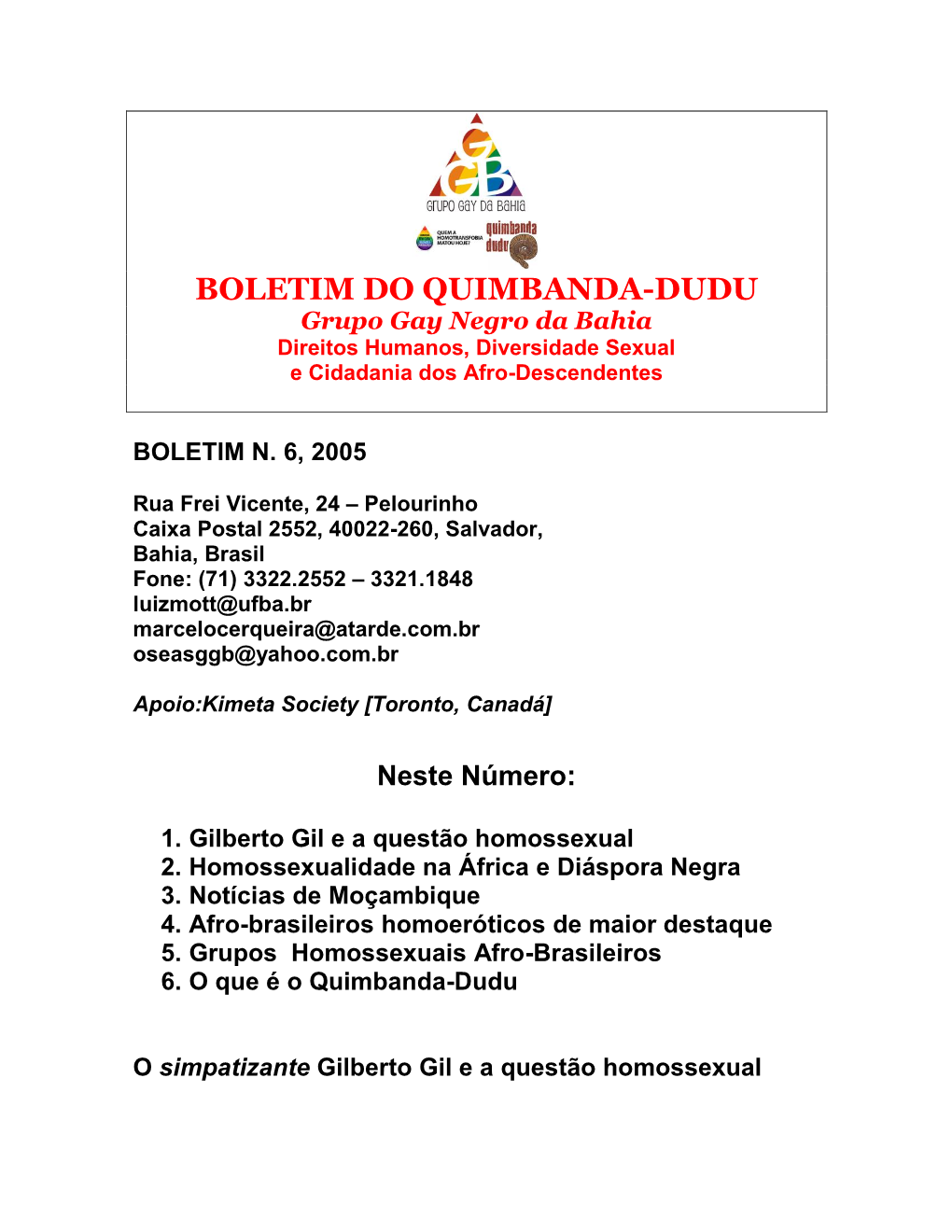 BOLETIM DO QUIMBANDA-DUDU Grupo Gay Negro Da Bahia Direitos Humanos, Diversidade Sexual E Cidadania Dos Afro-Descendentes