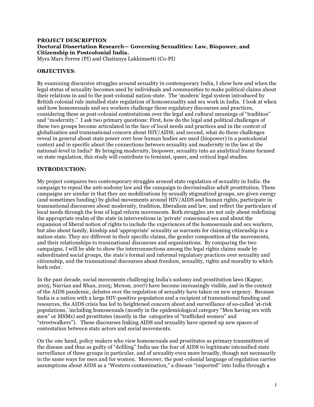 PROJECT DESCRIPTION Doctoral Dissertation Research— Governing Sexualities: Law, Biopower, and Citizenship in Postcolonial India