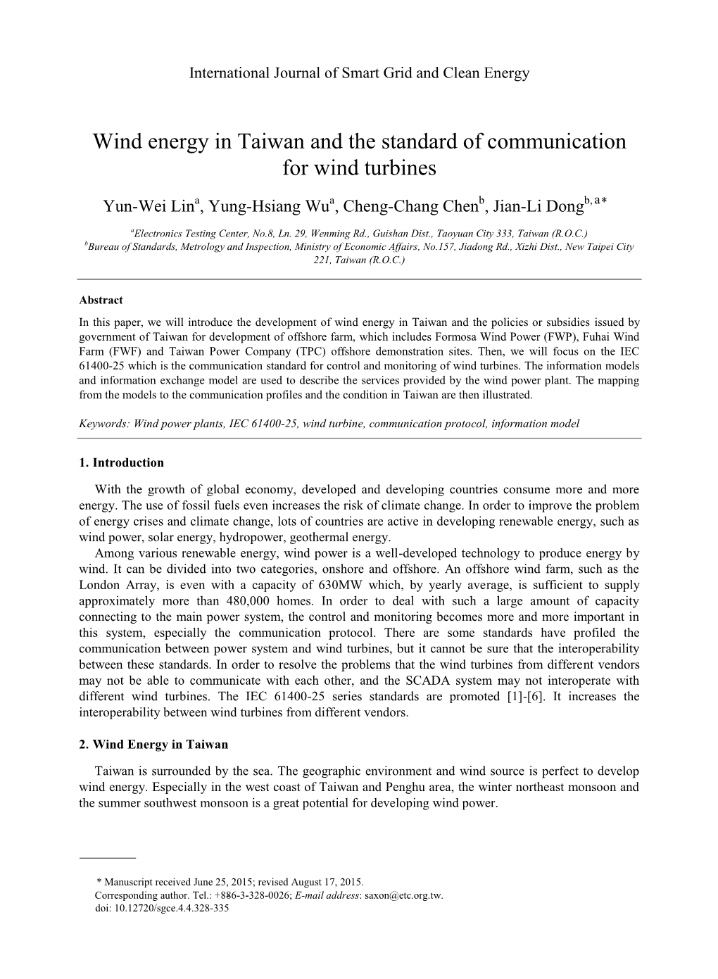 Wind Energy in Taiwan and the Standard of Communication for Wind Turbines