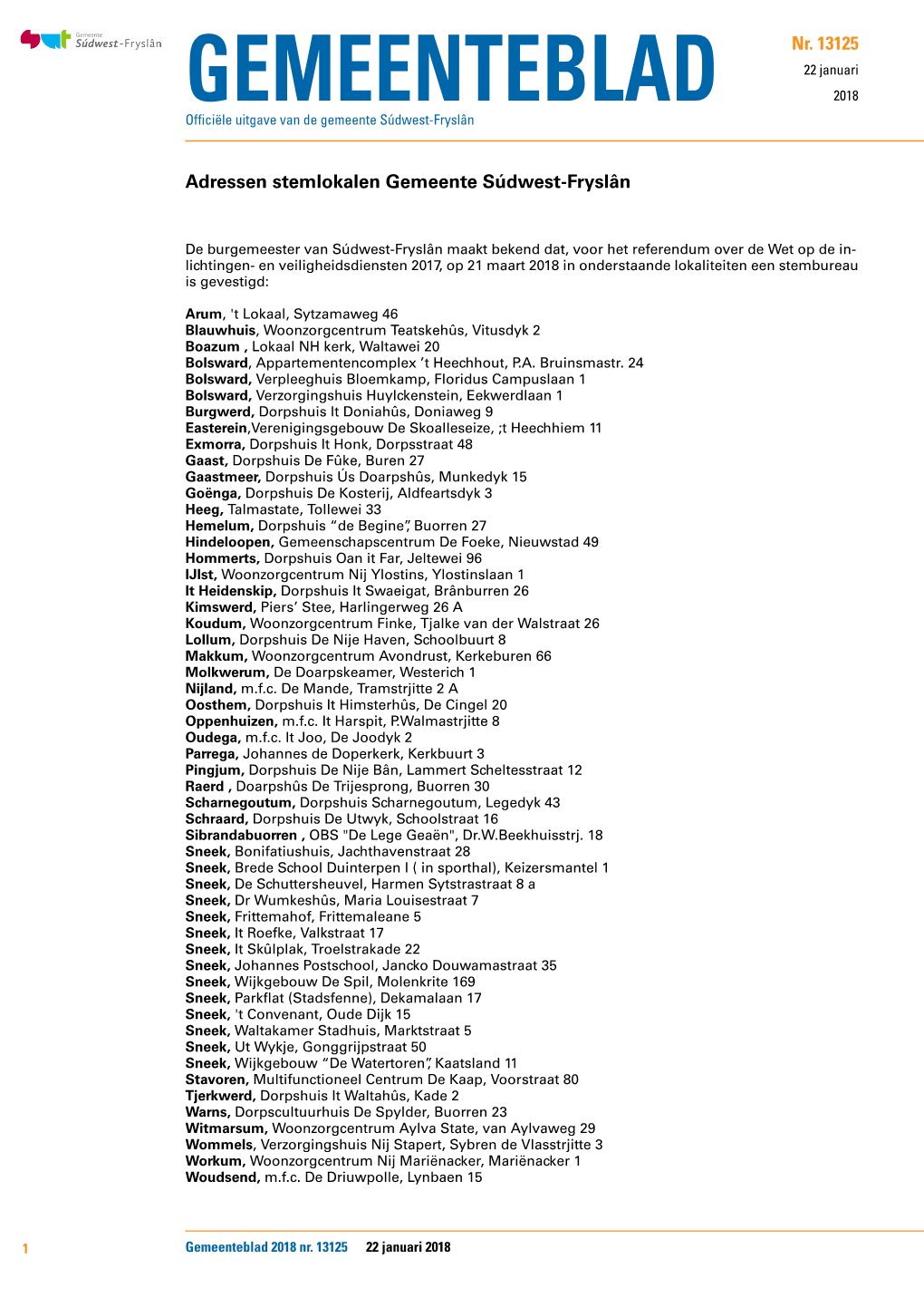 Adressen Stemlokalen Gemeente Súdwest-Fryslân