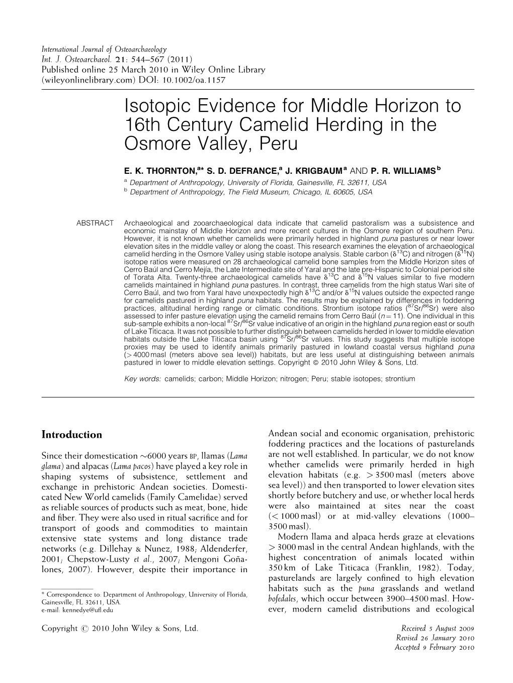 Isotopic Evidence for Middle Horizon to 16Th Century Camelid Herding in the Osmore Valley, Peru