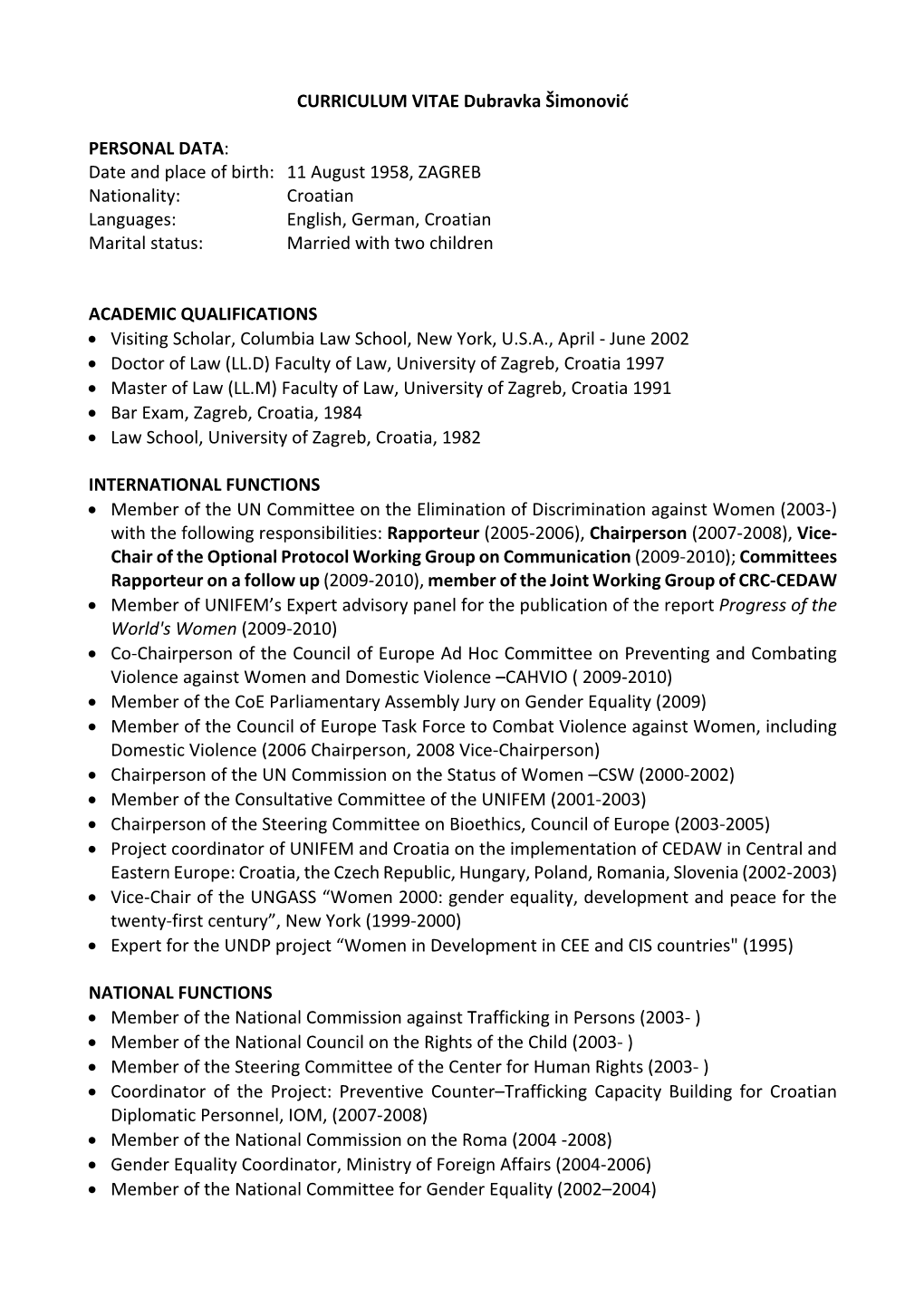 CURRICULUM VITAE Dubravka Šimonović