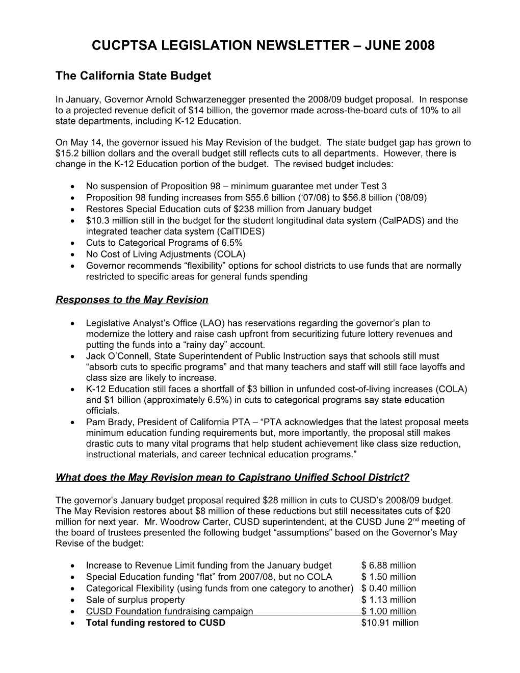 PTA Legislative Update the California State Budget