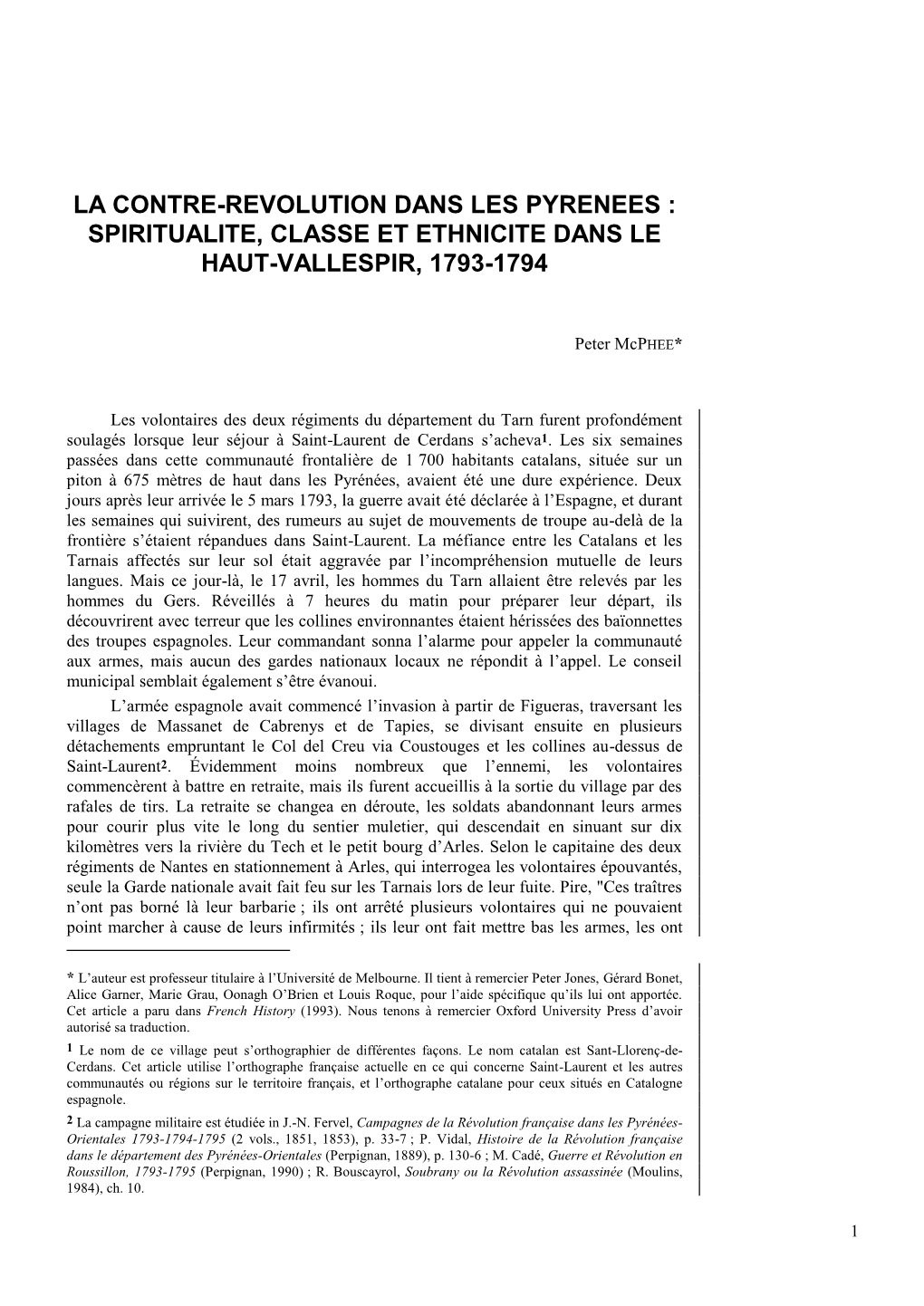La Contre-Revolution Dans Les Pyrenees : Spiritualite, Classe Et Ethnicite Dans Le Haut-Vallespir, 1793-1794