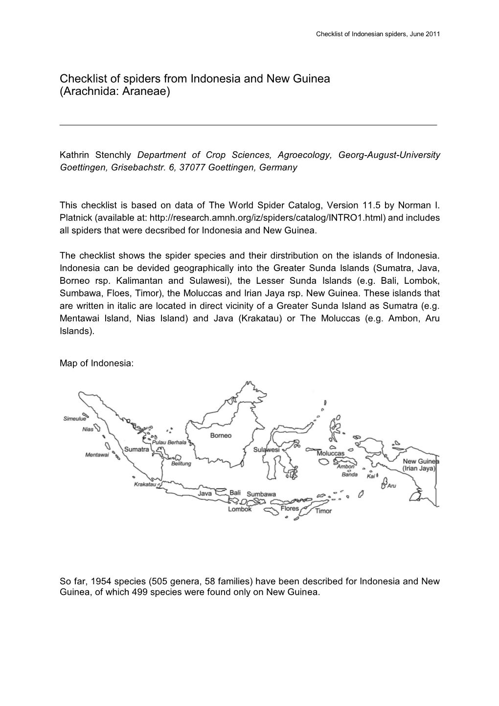 Checklist of Spiders from Indonesia and New Guinea (Arachnida: Araneae)