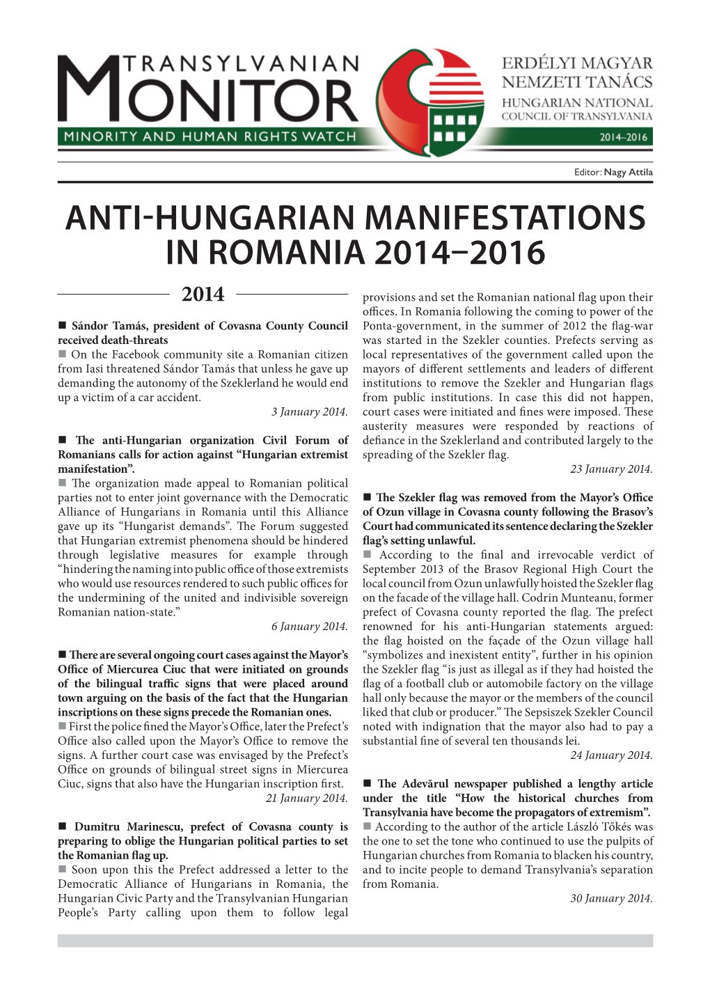 Anti-Hungarian Manifestations in Romania 2014–2016
