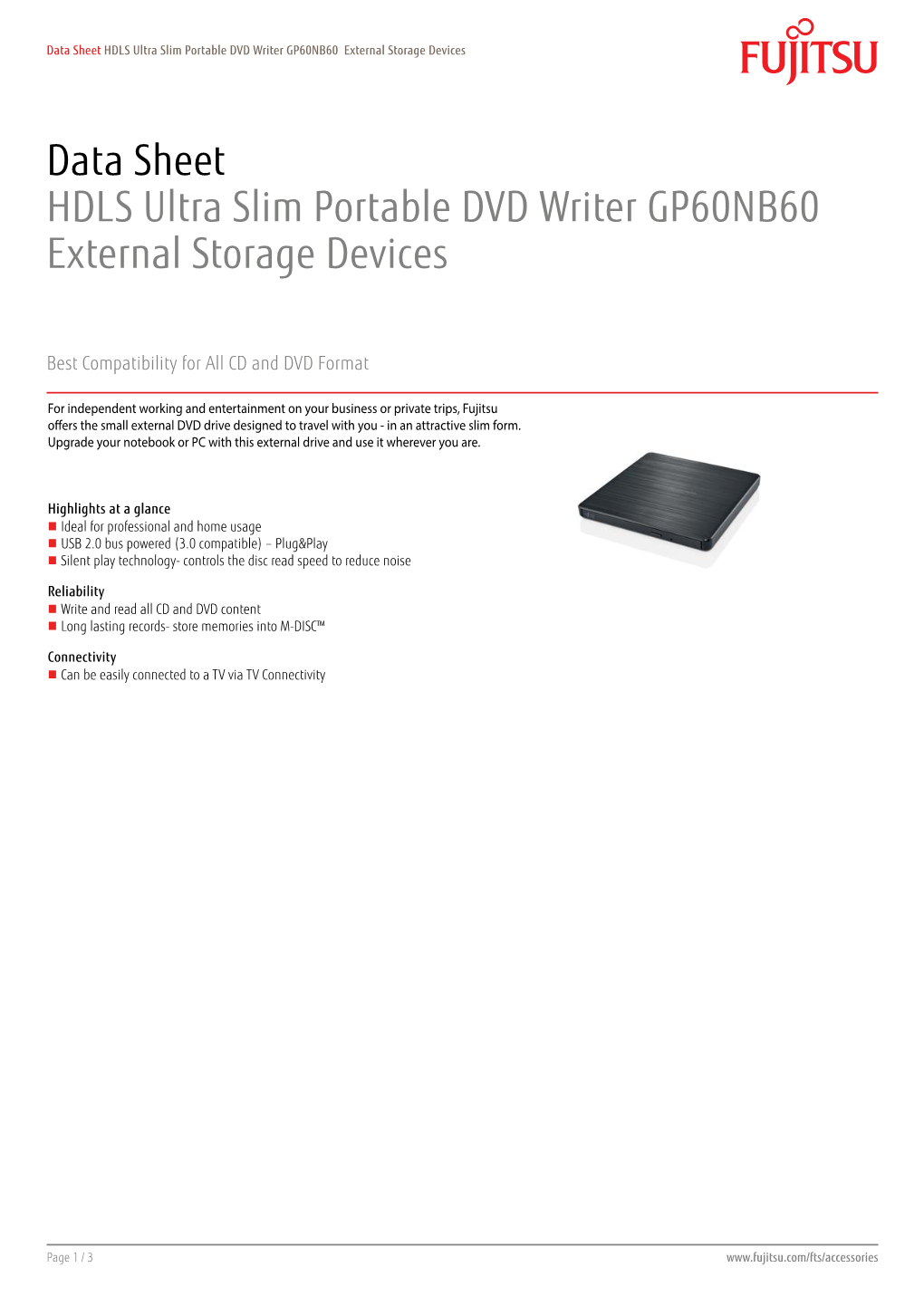 Data Sheet HDLS Ultra Slim Portable DVD Writer GP60NB60 External Storage Devices