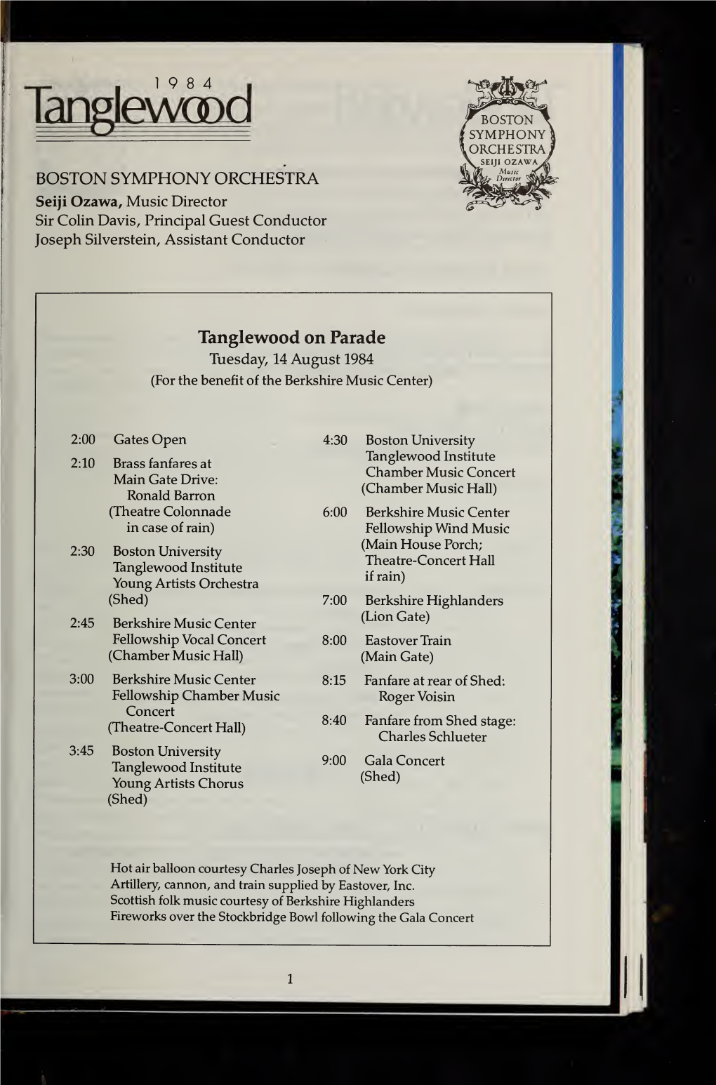Boston Symphony Orchestra Concert Programs, Summer, 1984, Tanglewood
