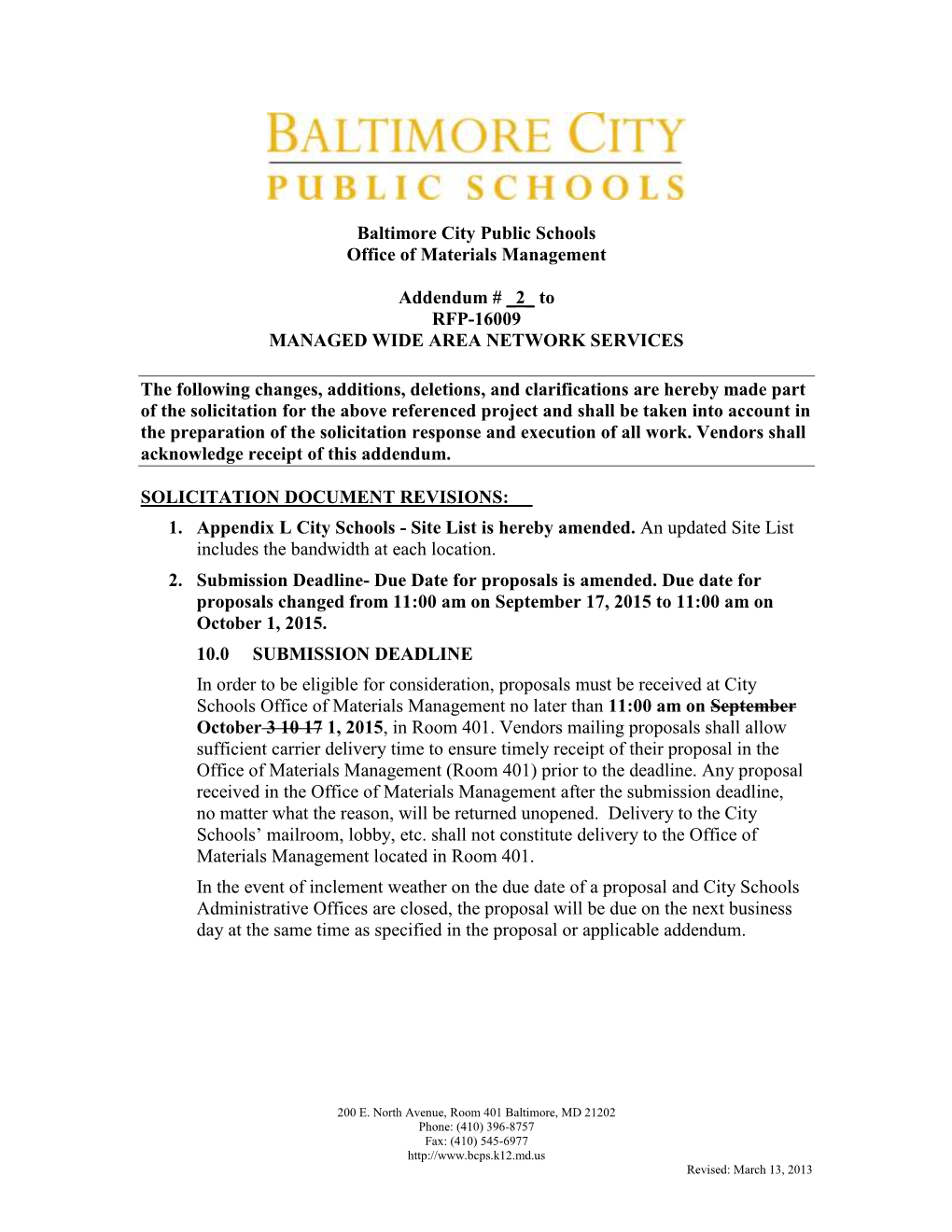 Baltimore City Public Schools Office of Materials Management Addendum