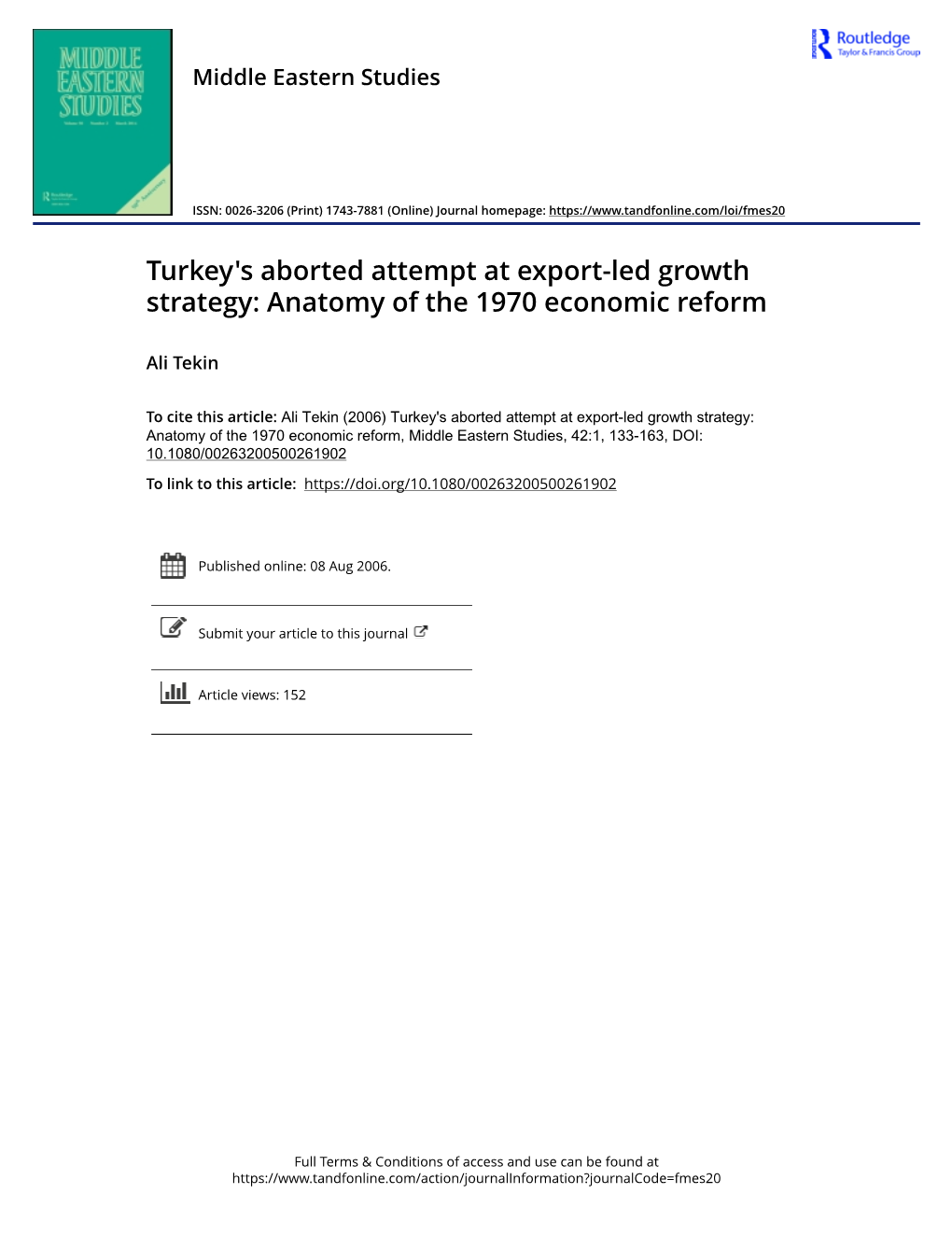 Turkey's Aborted Attempt at Export-Led Growth Strategy: Anatomy of the 1970 Economic Reform