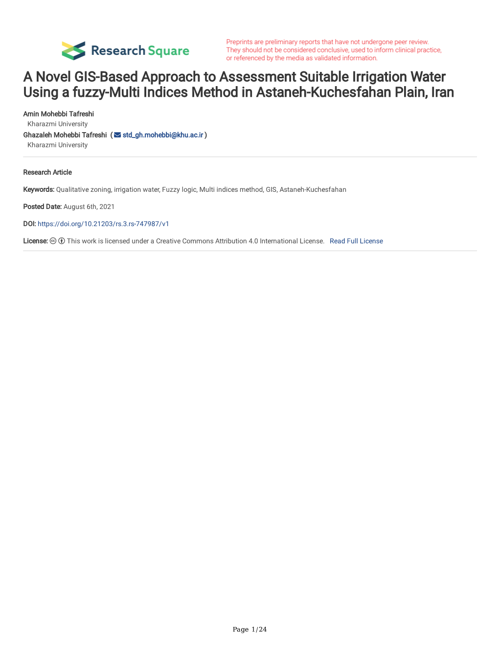 A Novel GIS-Based Approach to Assessment Suitable Irrigation Water Using a Fuzzy-Multi Indices Method in Astaneh-Kuchesfahan Plain, Iran