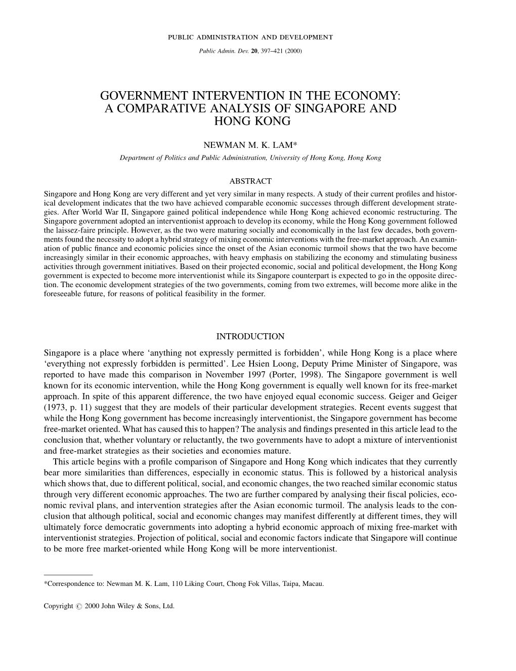 Government Intervention in the Economy: a Comparative Analysis of Singapore and Hong Kong