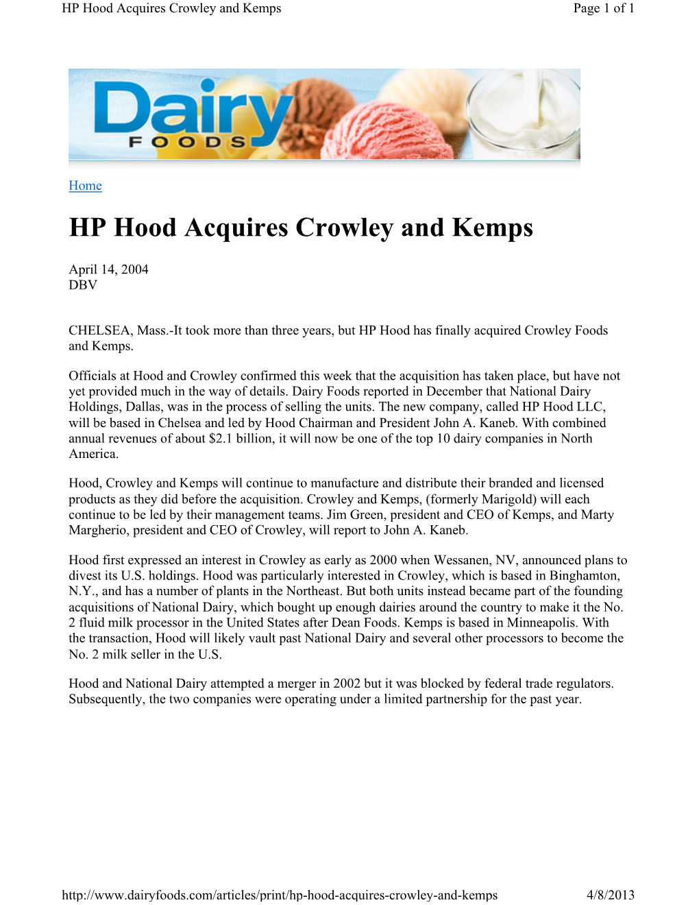 HP Hood Acquires Crowley and Kemps Page 1 of 1