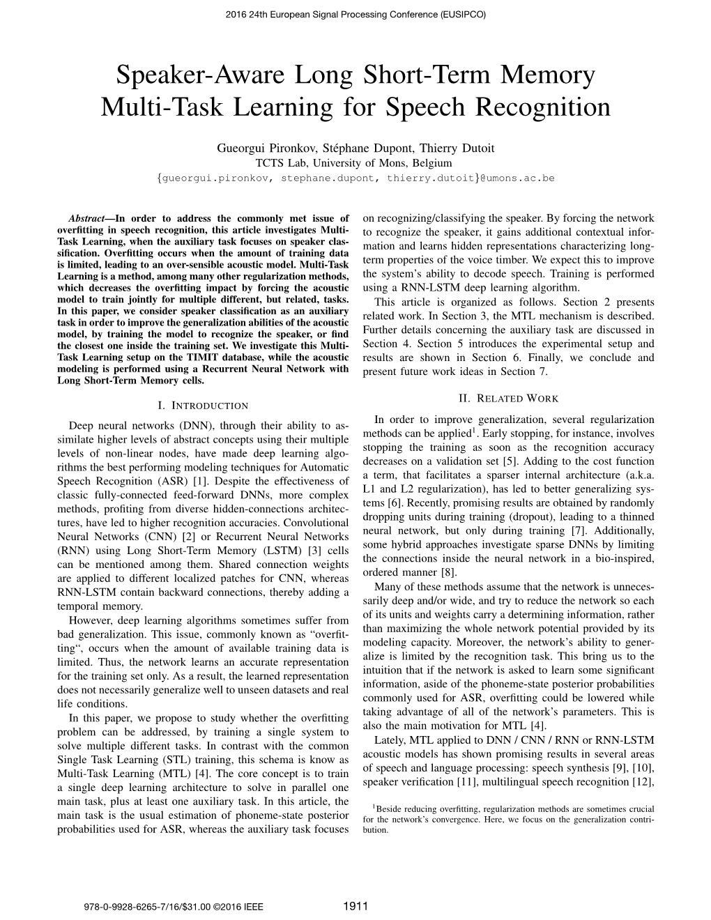 Speaker-Aware Long Short-Term Memory Multi-Task Learning for Speech Recognition