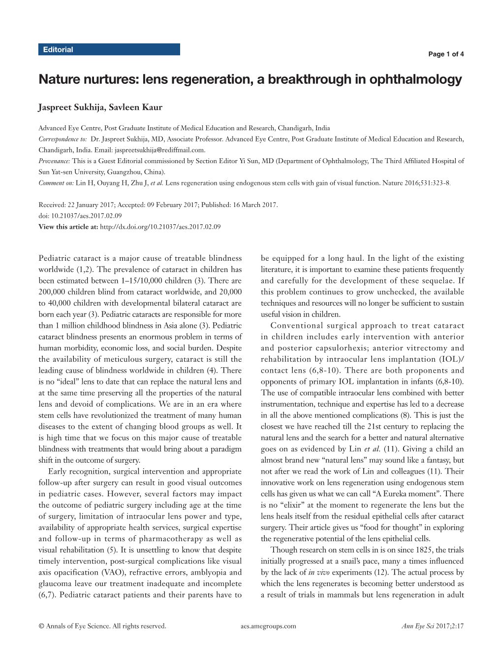 Lens Regeneration, a Breakthrough in Ophthalmology