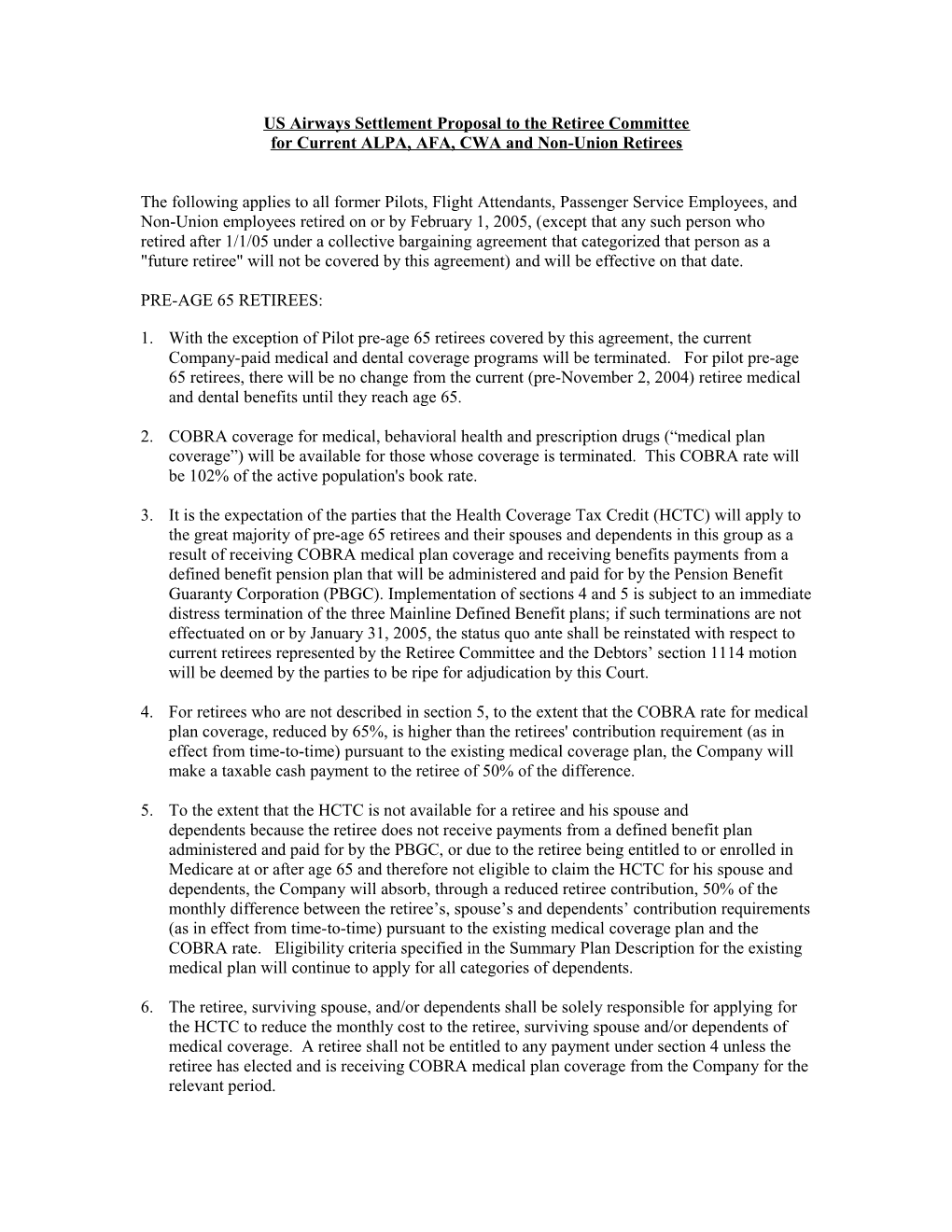 US Airways Settlement Proposal to the Retiree Committee