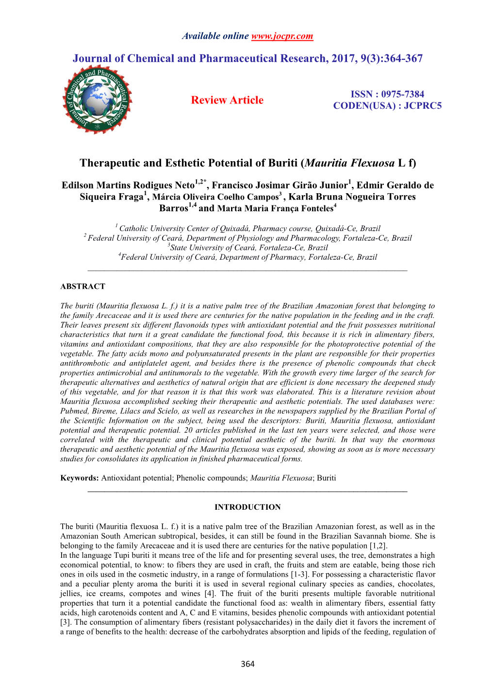 Therapeutic and Esthetic Potential of Buriti (Mauritia Flexuosa L F)