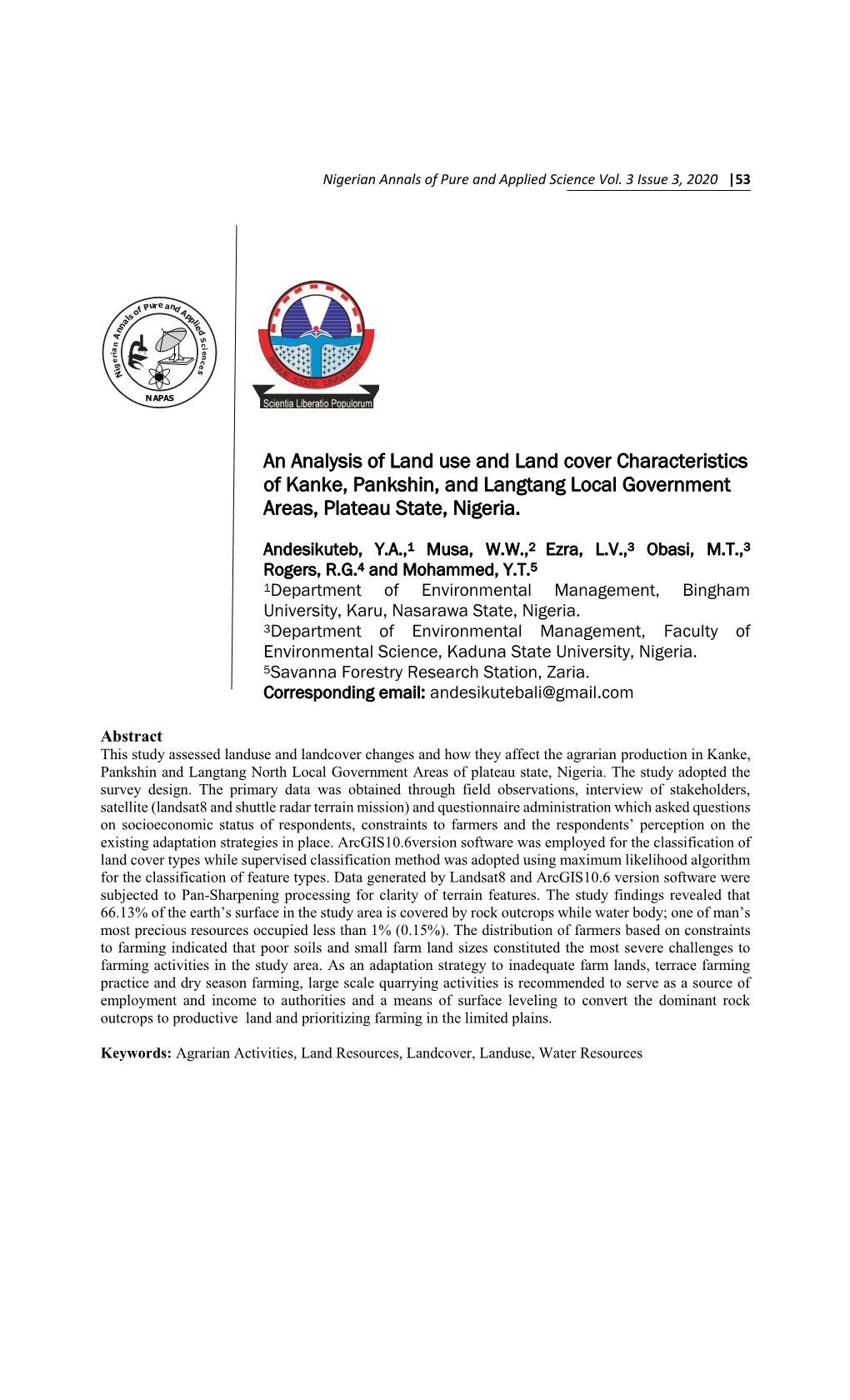 An Analysis of Land Use and Land Cover Characteristics of Kanke, Pankshin, and Langtang Local Government Areas, Plateau State, Nigeria