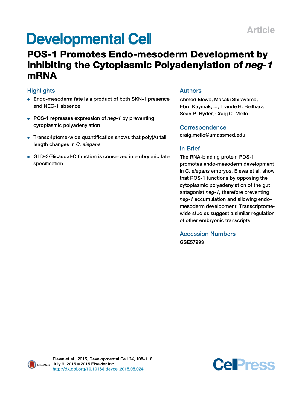 POS-1 Promotes Endo-Mesoderm Development by Inhibiting the Cytoplasmic Polyadenylation of Neg-1 Mrna