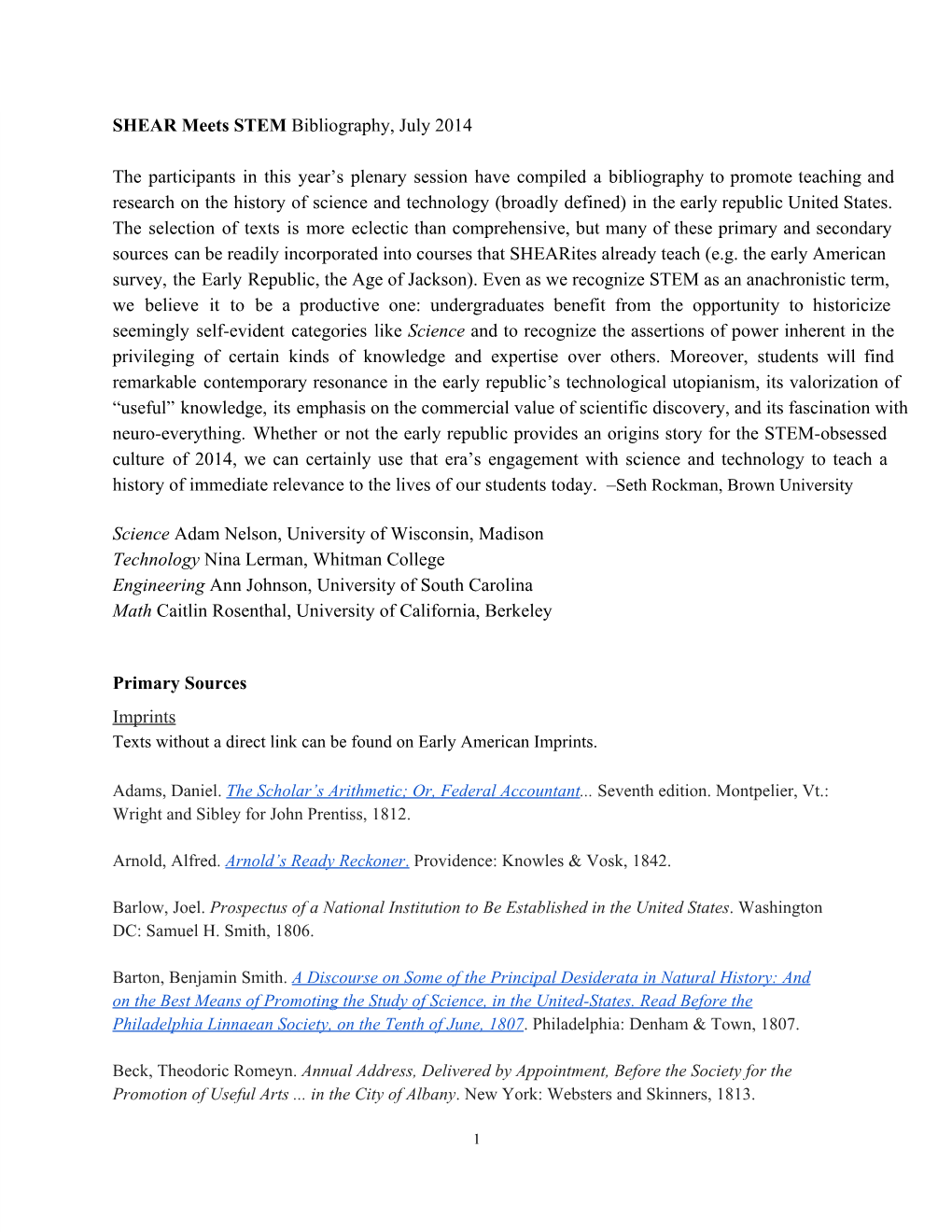 SHEAR Meets STEM Bibliography, July 2014