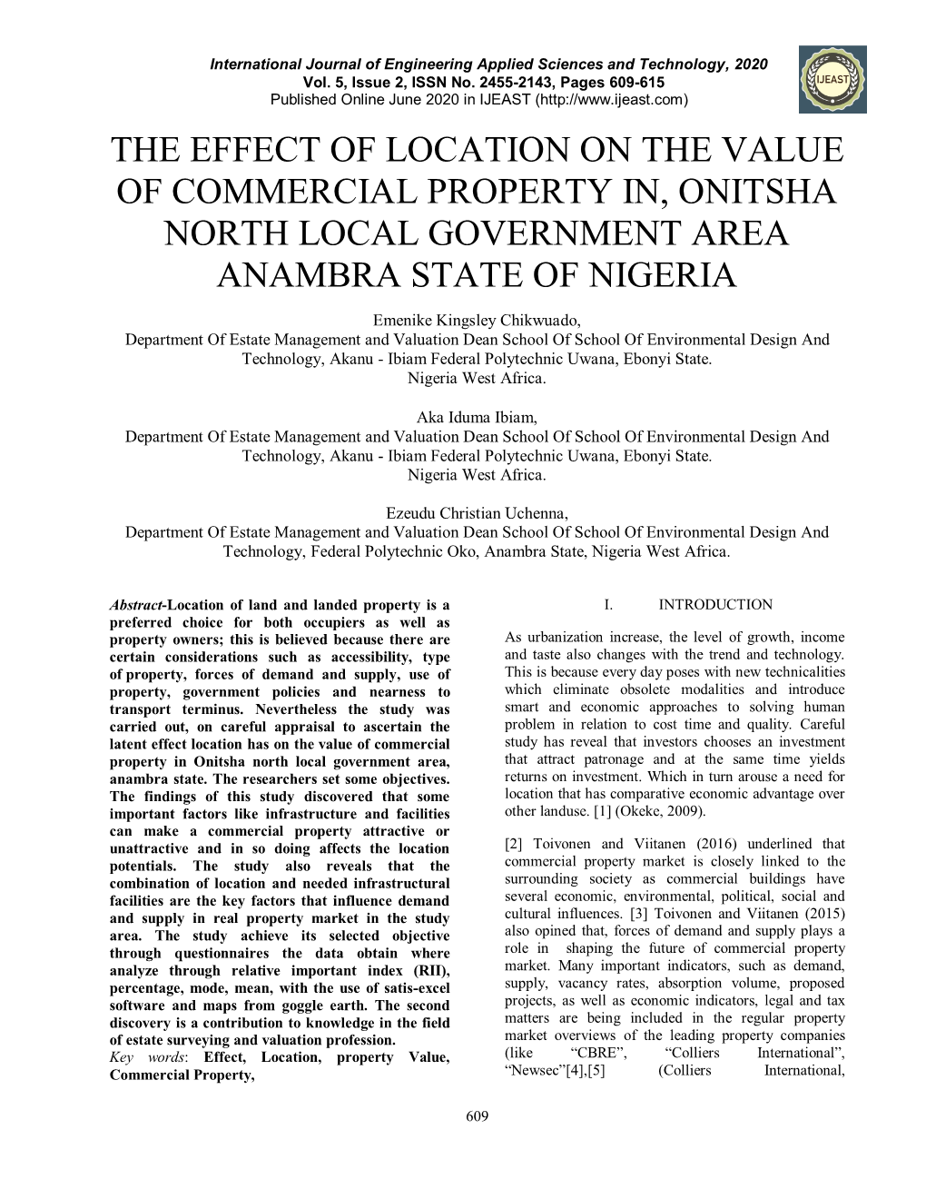 The Effect of Location on the Value of Commercial Property In, Onitsha North Local Government Area Anambra State of Nigeria