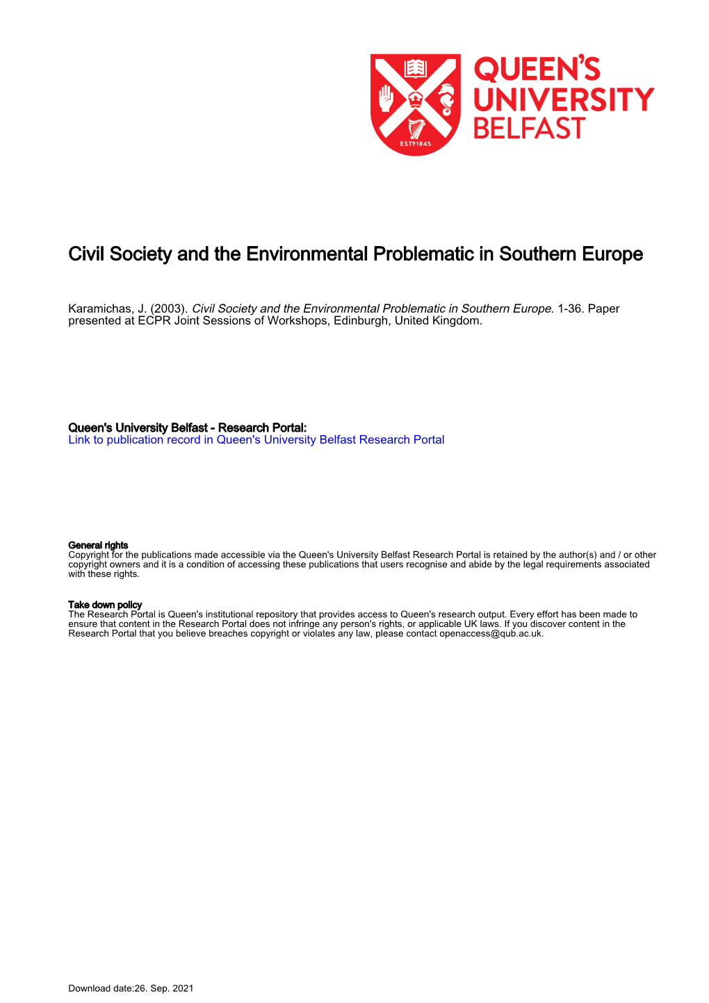 Civil Society and the Environmental Problematic in Southern Europe