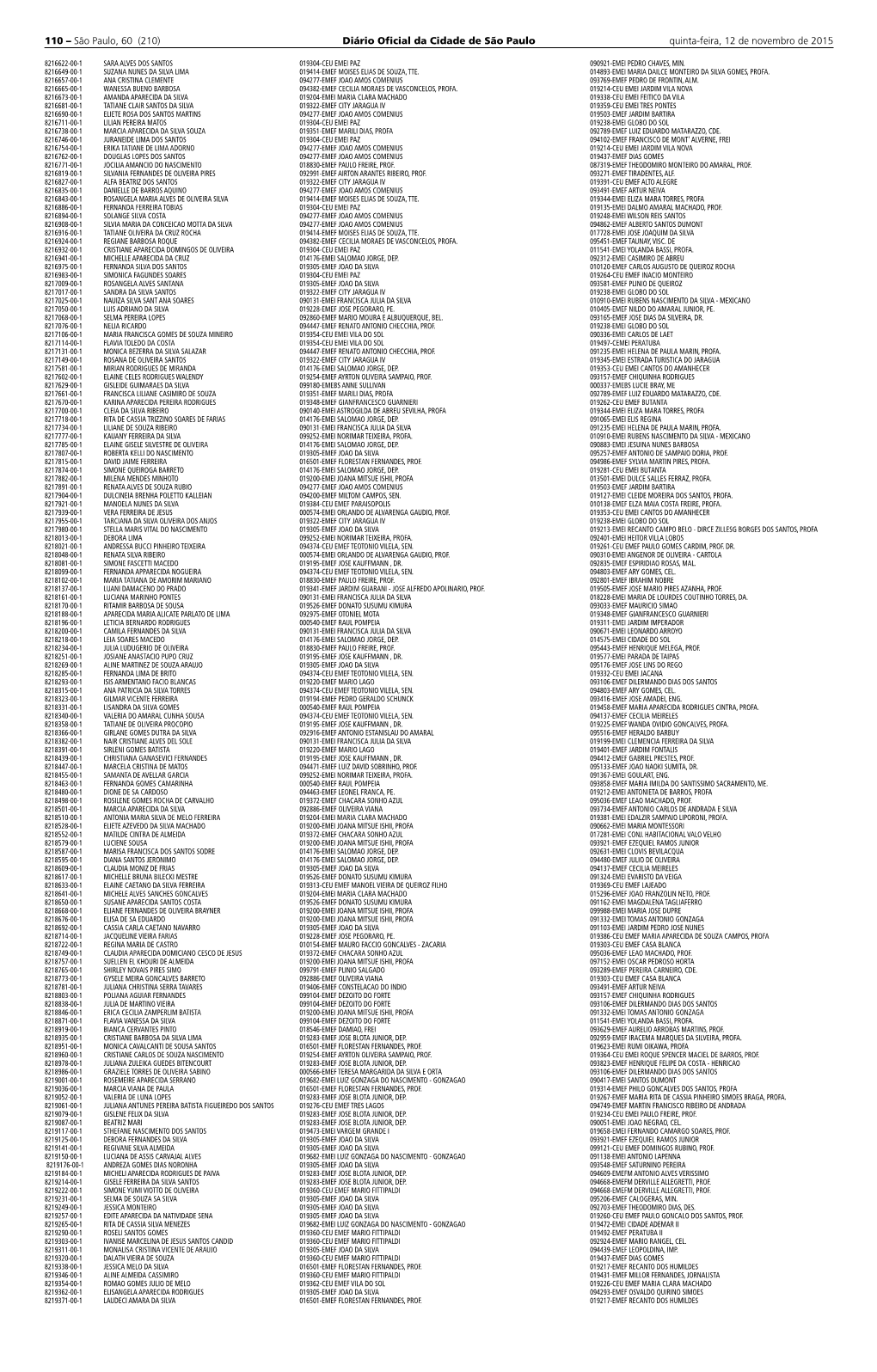 (210) Diário Oficial Da Cidade De São Paulo Quinta-Feira, 12 De Novembro